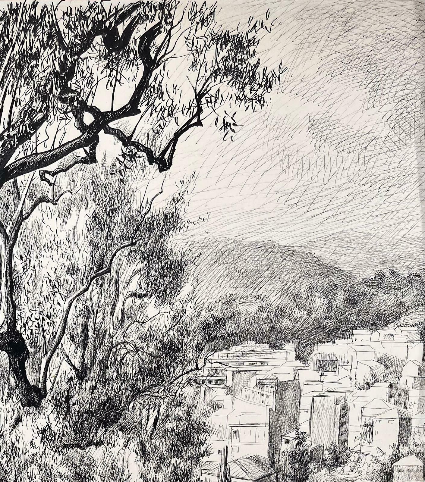 Josine Vignonmid Century French Original Ink Drawing   Urban View Through Olive Trees1950's photo Art