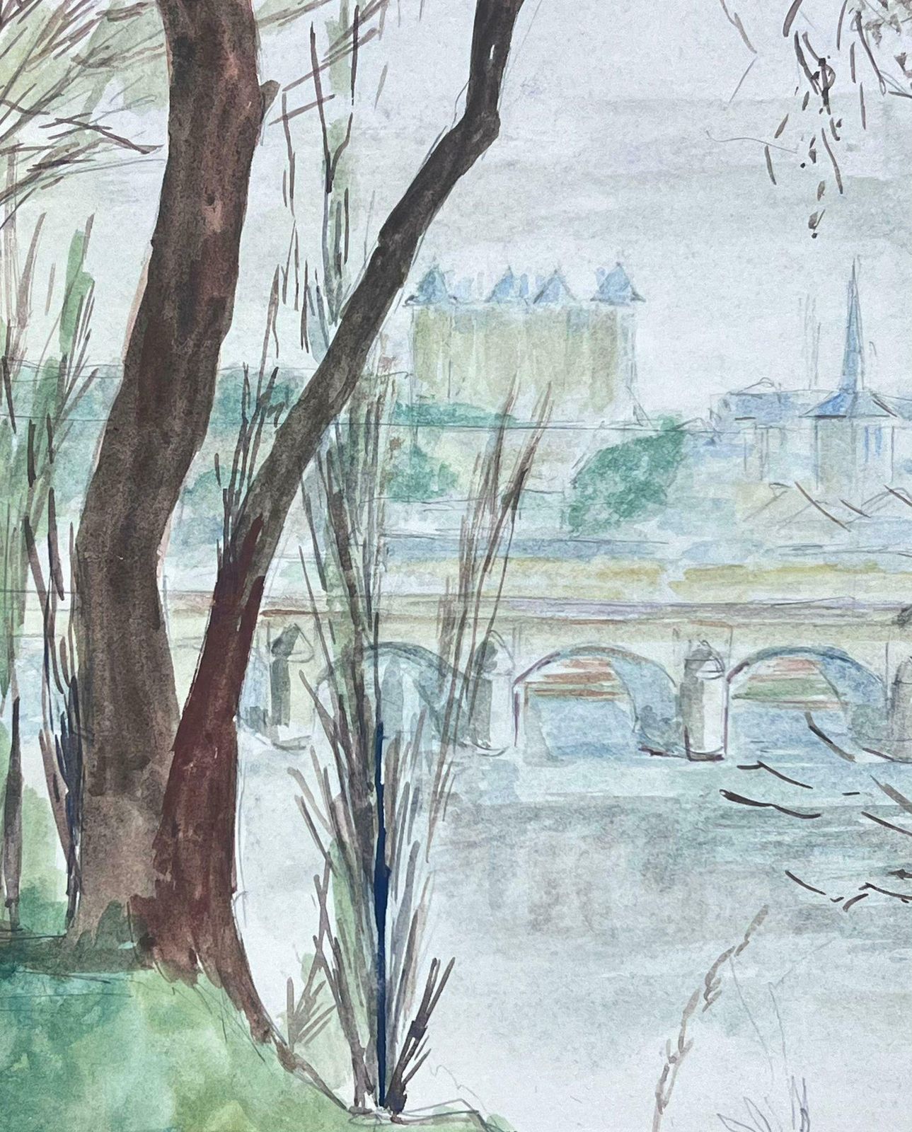 Guy Nicod 20th Century French Post Impressionist Watercolor View Over French City River photo furniture