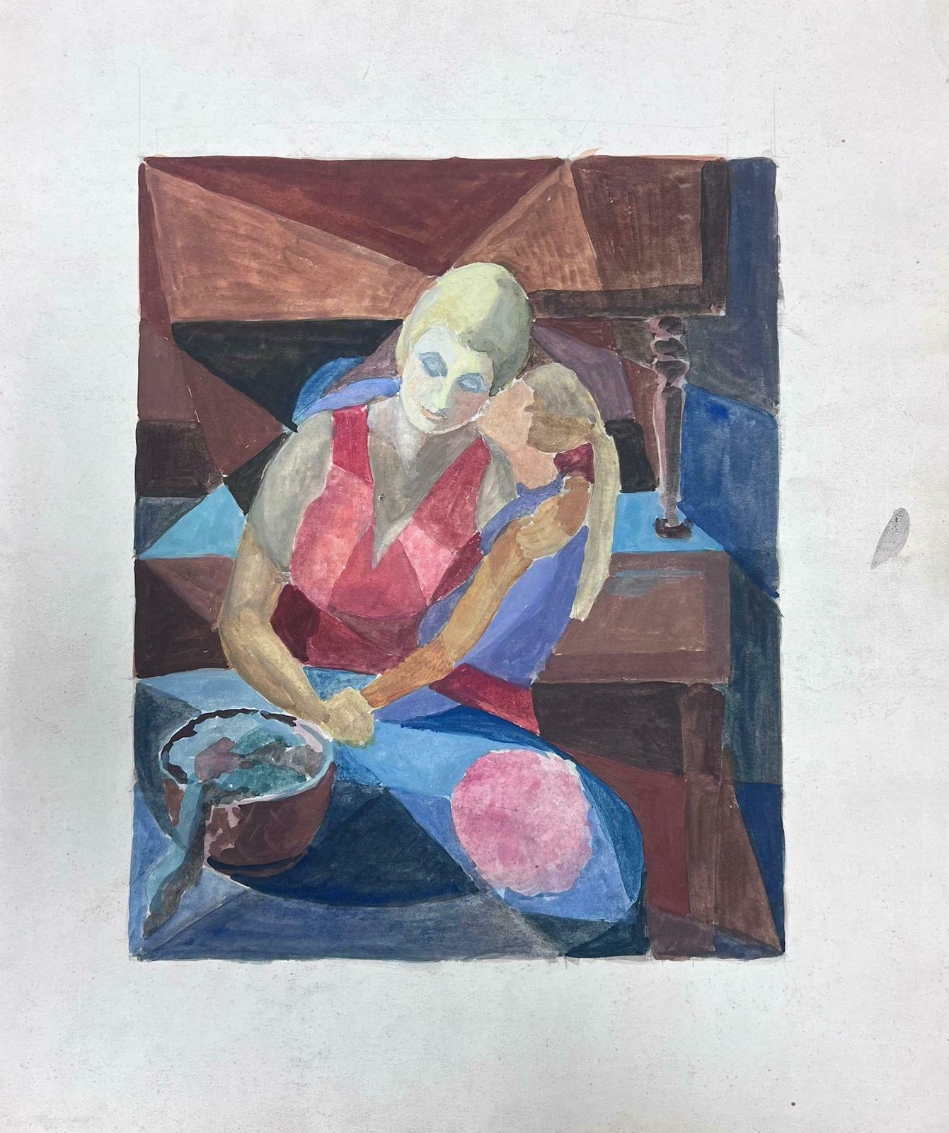 Guy Nicod 20th Century French Cubist Painting Portrait Of Mother & Daughter photo furniture