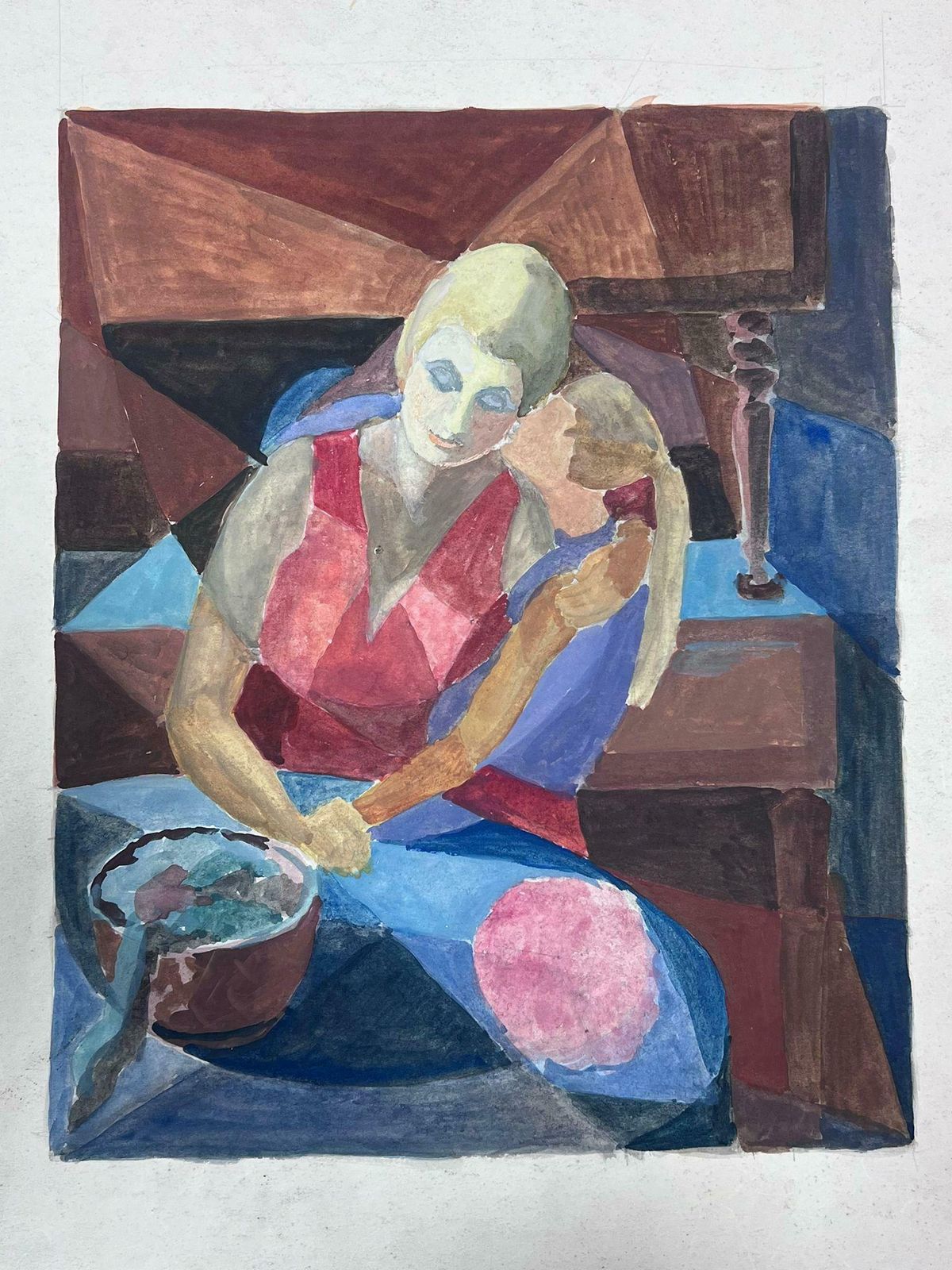 Guy Nicod 20th Century French Cubist Painting Portrait Of Mother & Daughter photo 786.0
