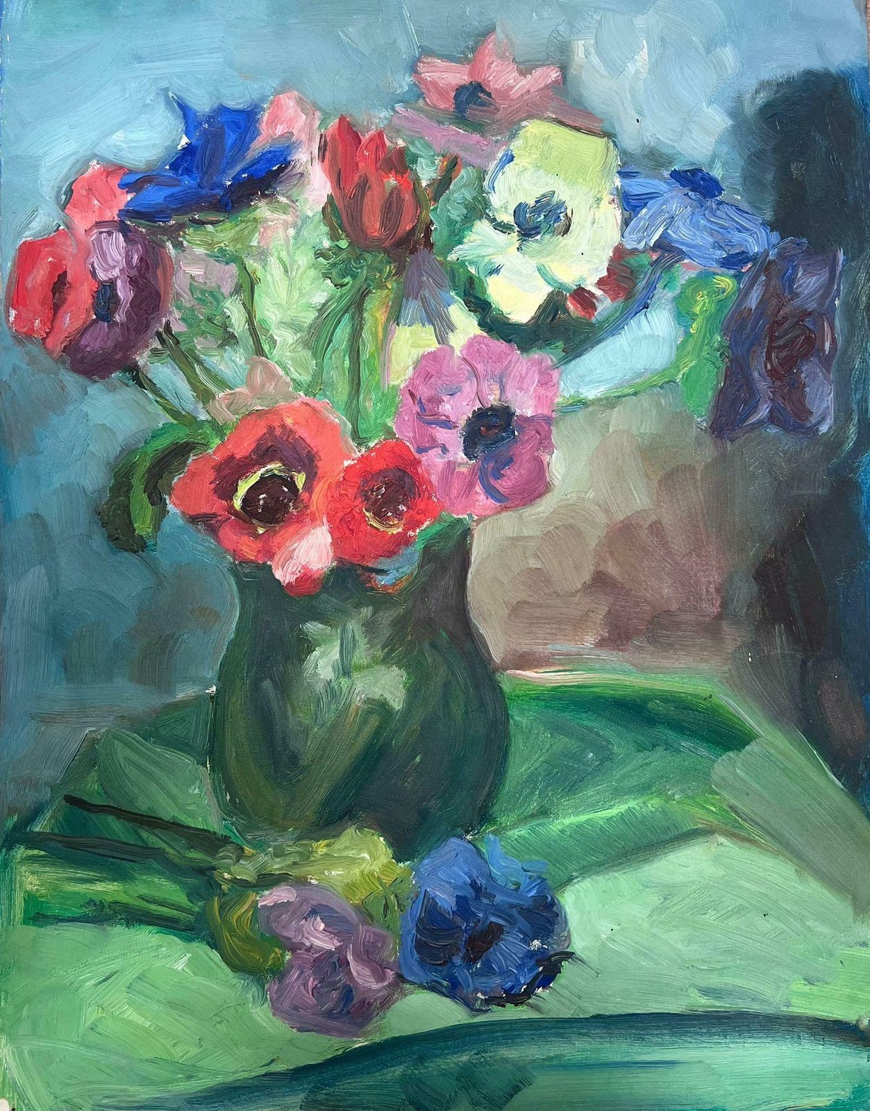 Guy Nicod1950s French Post Impressionist Painting Pretty Flowers In Vase Green Background photo Art