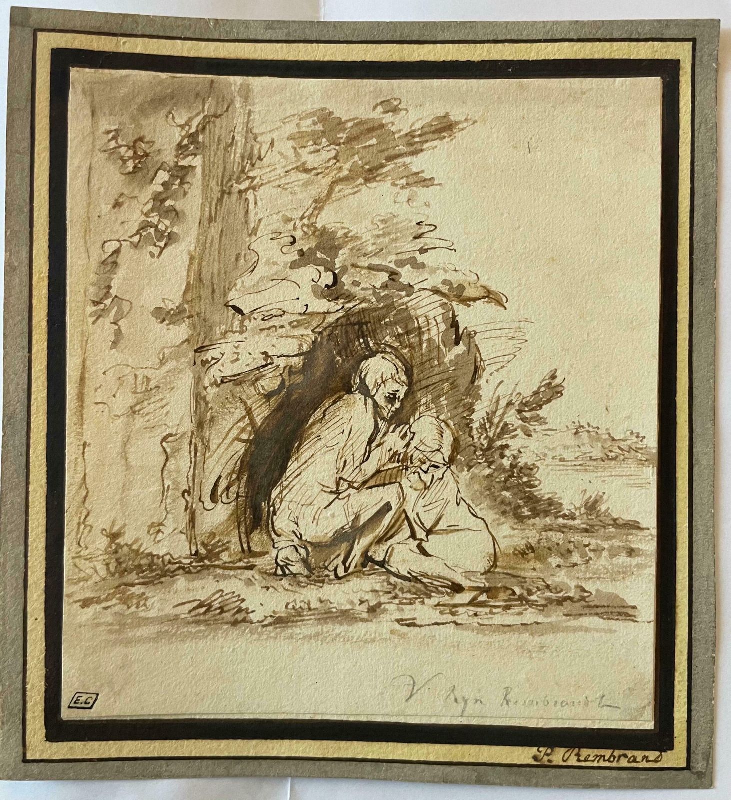17th C Dutch Old Master Ink & Wash Painting Biblical Figures Rembrandt Pupil1650's photo vintage