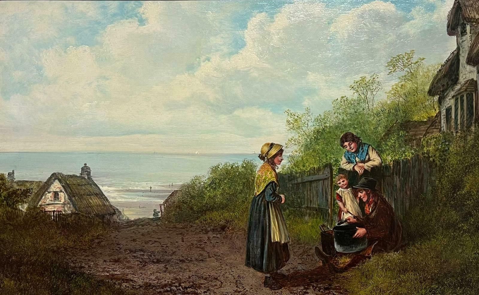 Victorian School19th Century Cornish/ Devon Fishing Cottages & Family Coastal Landscape Oil photo furniture