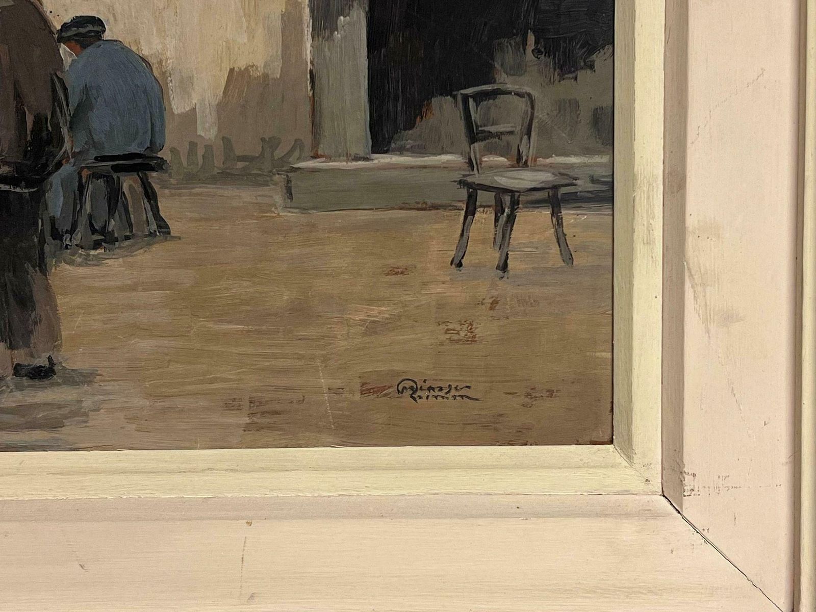 French School1960's French Modernist Oil Bar Tavern Interior Men Hunched Over Tables photo 1430.0