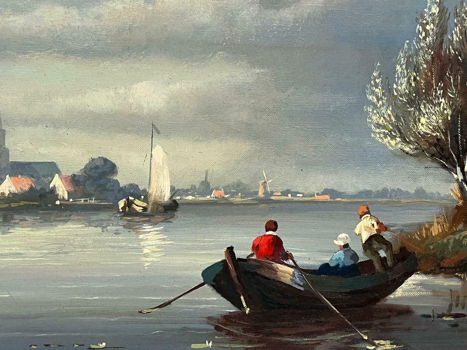 Dutch Schoollarge Traditional Dutch River Landscape With Old Town & Houses Signed Oil photo 2451.0
