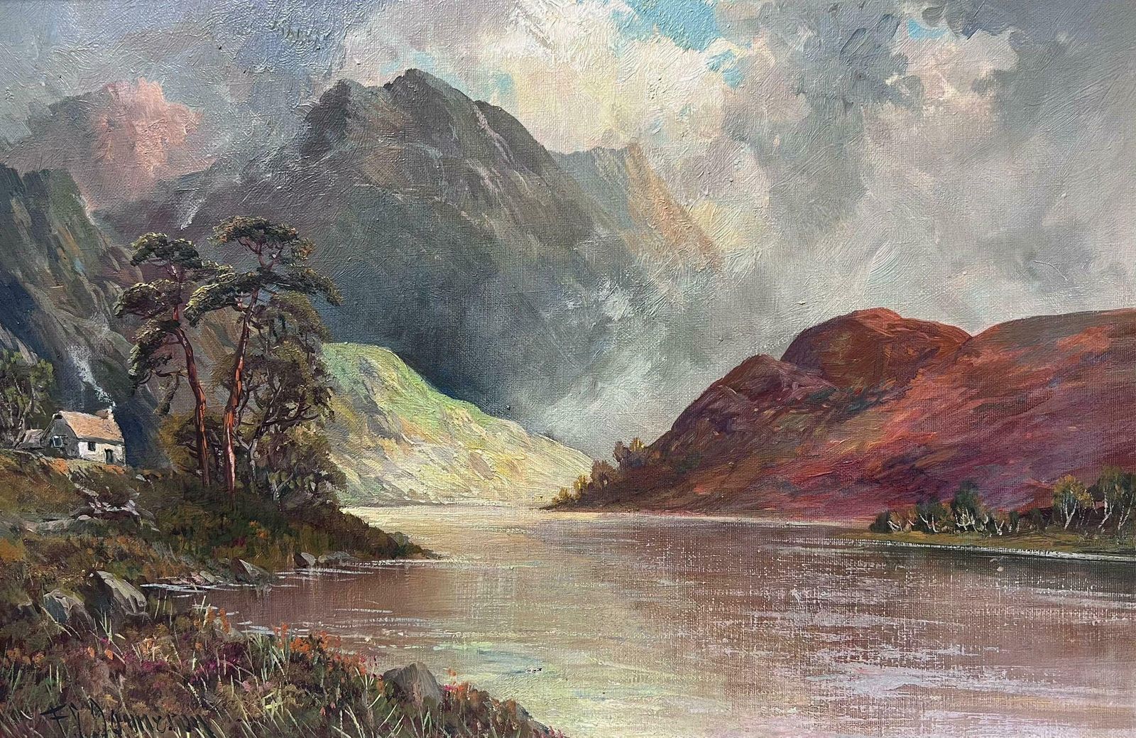 F. E. Jamiesonantique Scottish Highland Landscape Loch Scene Signed Oil Painting On Canvas