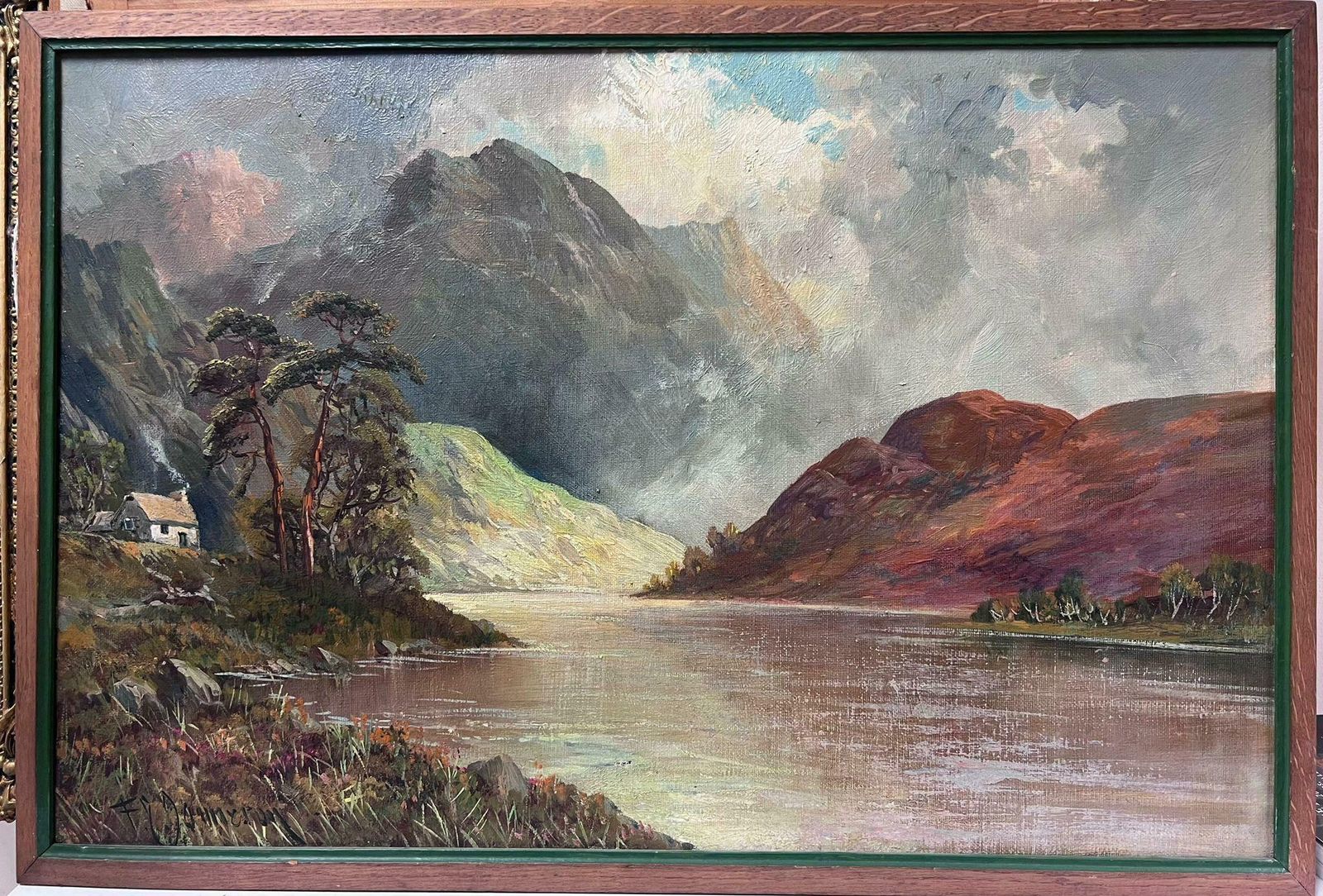 F. E. Jamiesonantique Scottish Highland Landscape Loch Scene Signed Oil Painting On Canvas photo furniture