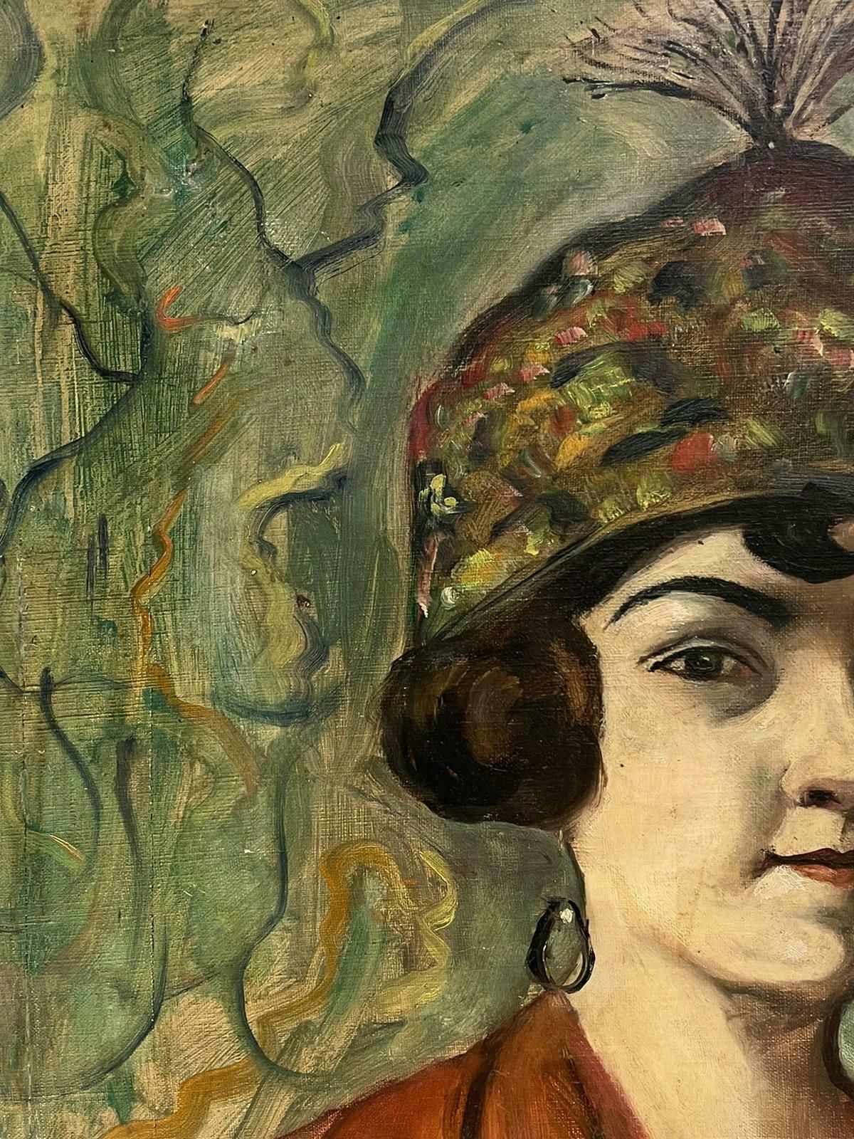 French School 1920's French Portrait Of Fashionable Young Lady In Dapper Headpiece Signed Oil 1920's photo 1226.0