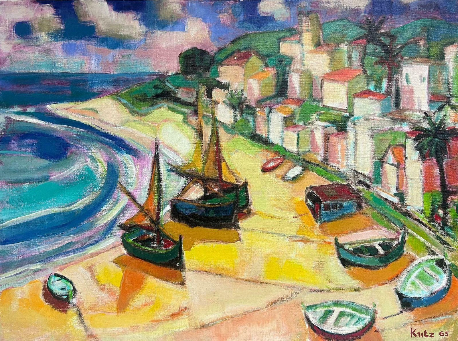 Michel Kritzhuge 1960's French Cubist Modernist Signed Oil Painting Sunny Med Beach Scene