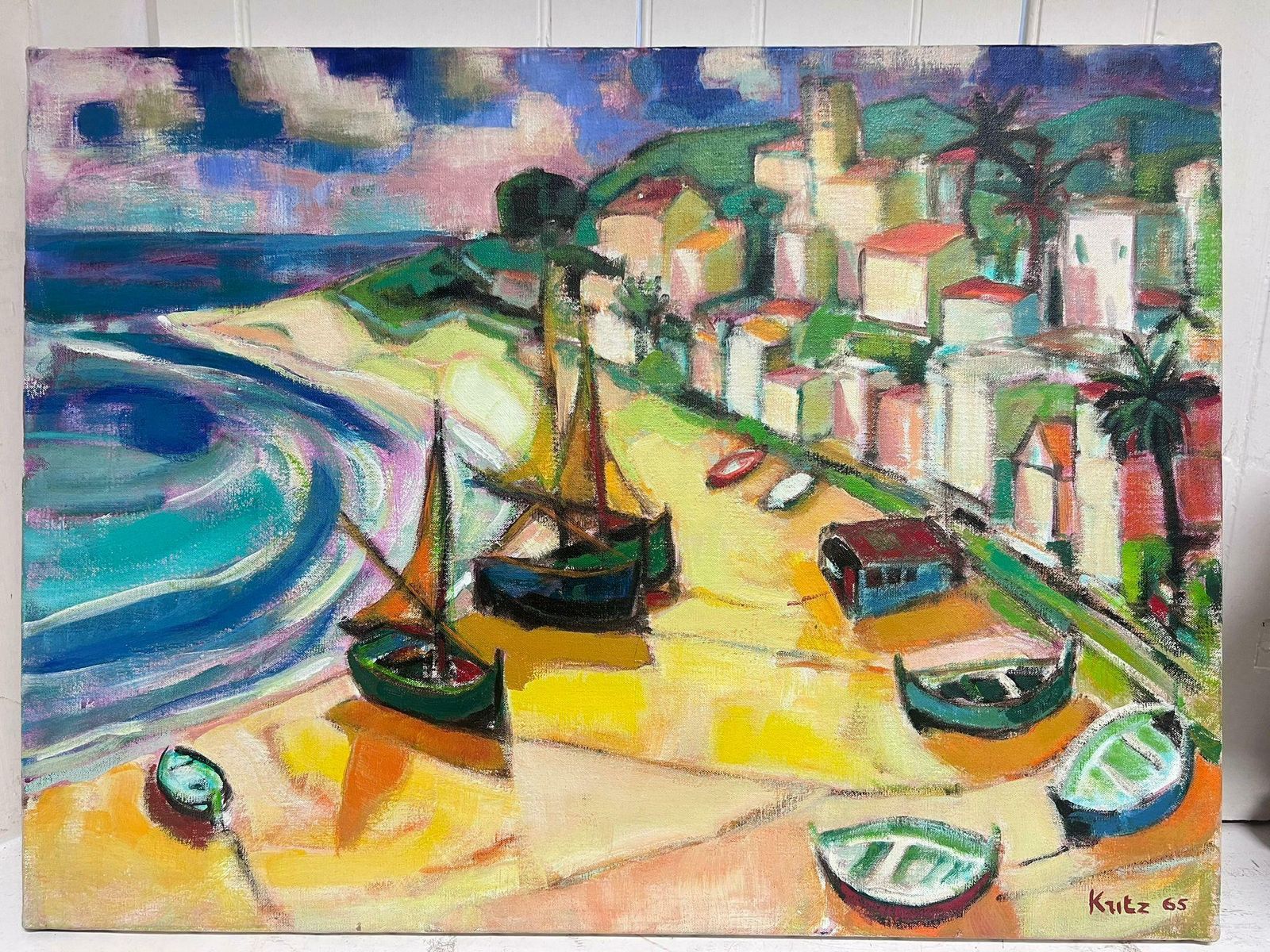 Michel Kritzhuge 1960's French Cubist Modernist Signed Oil Painting Sunny Med Beach Scene photo furniture