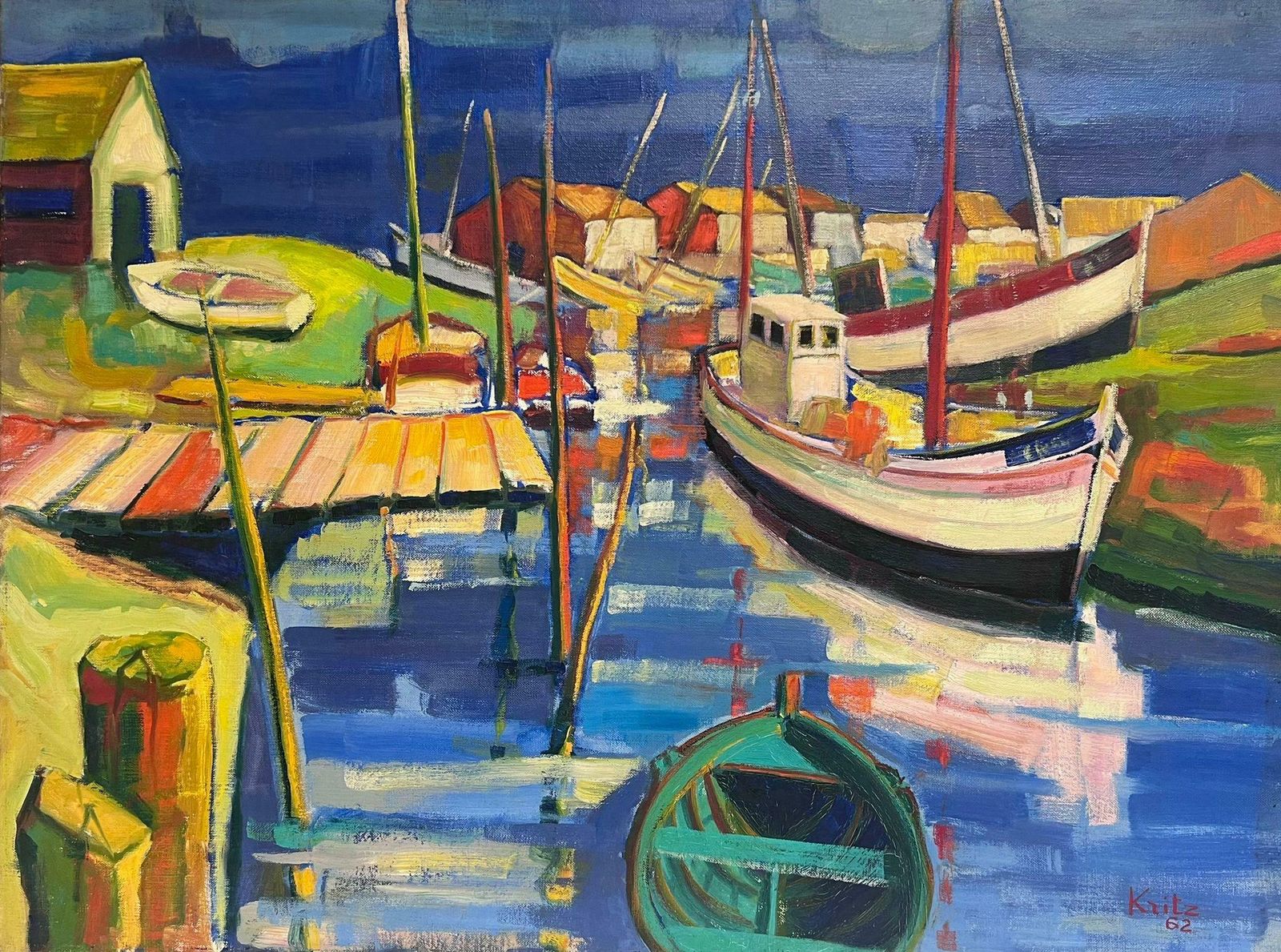 Michel Kritzcolorful Boats In Estuary Harbor 1960's French Modernist Signed Oil Painting