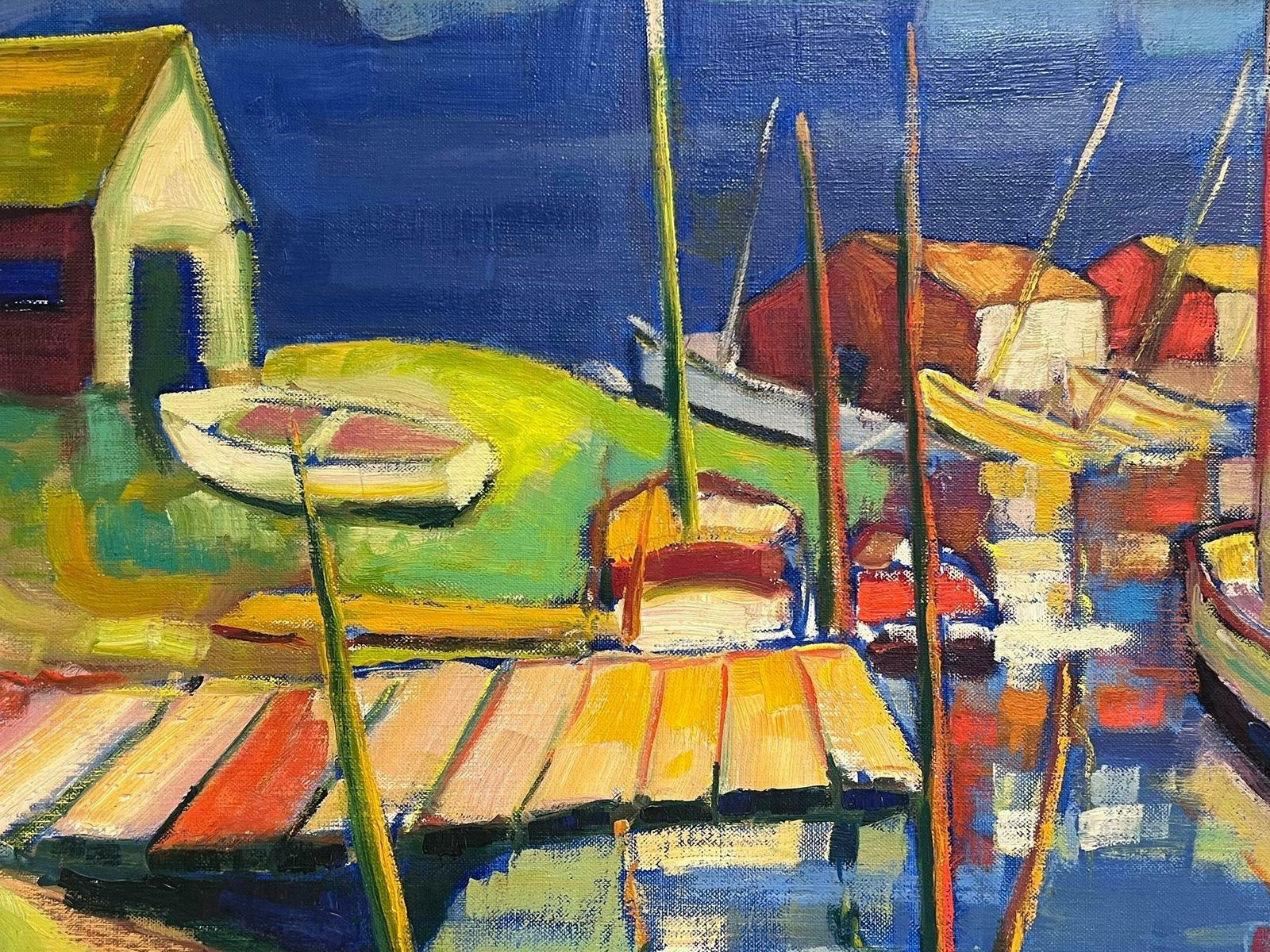 Michel Kritzcolorful Boats In Estuary Harbor 1960's French Modernist Signed Oil Painting photo Art