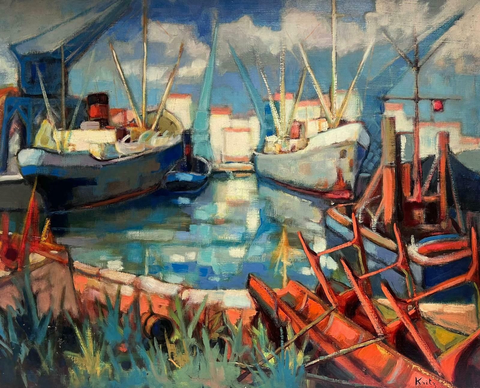 Michel Kritzhuge French Post Impressionist Signed 1960's Oil Painting Boats In Harbor
