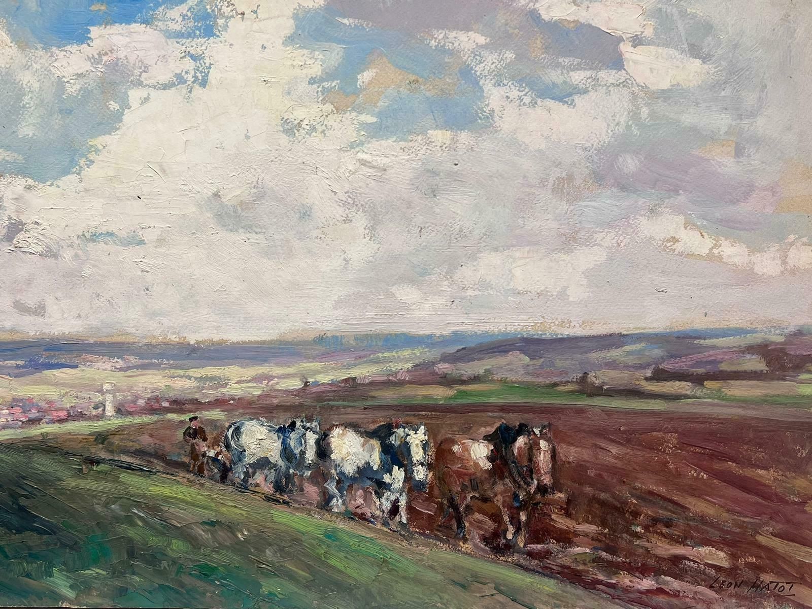 Leon Hatotvintage French Oil Painting Three Horses Pulling Man Through Ploughing Field photo furniture