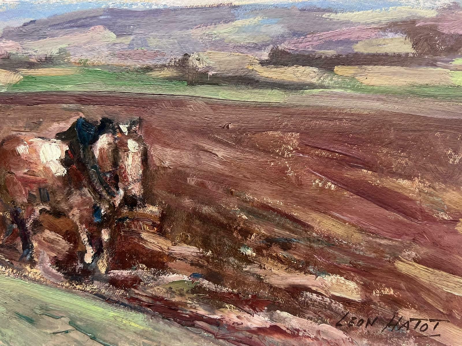Leon Hatotvintage French Oil Painting Three Horses Pulling Man Through Ploughing Field photo Art
