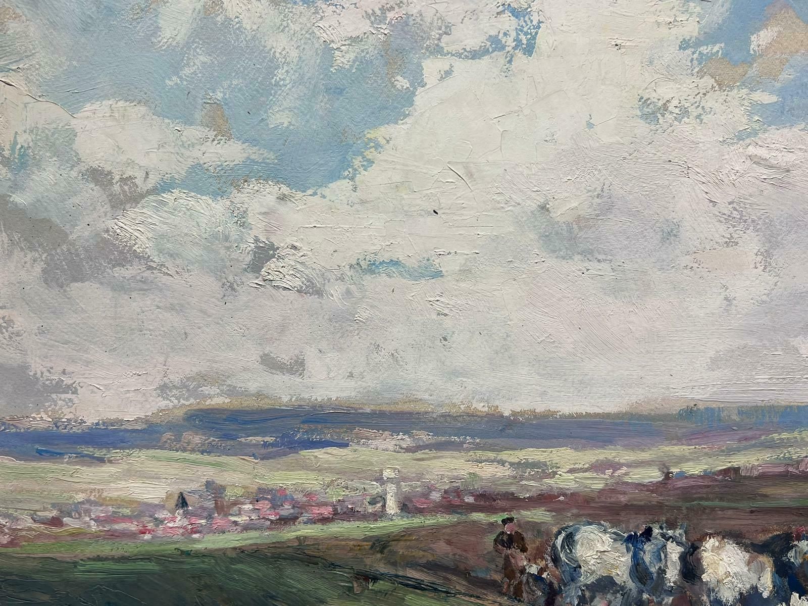 Leon Hatotvintage French Oil Painting Three Horses Pulling Man Through Ploughing Field photo 725.0