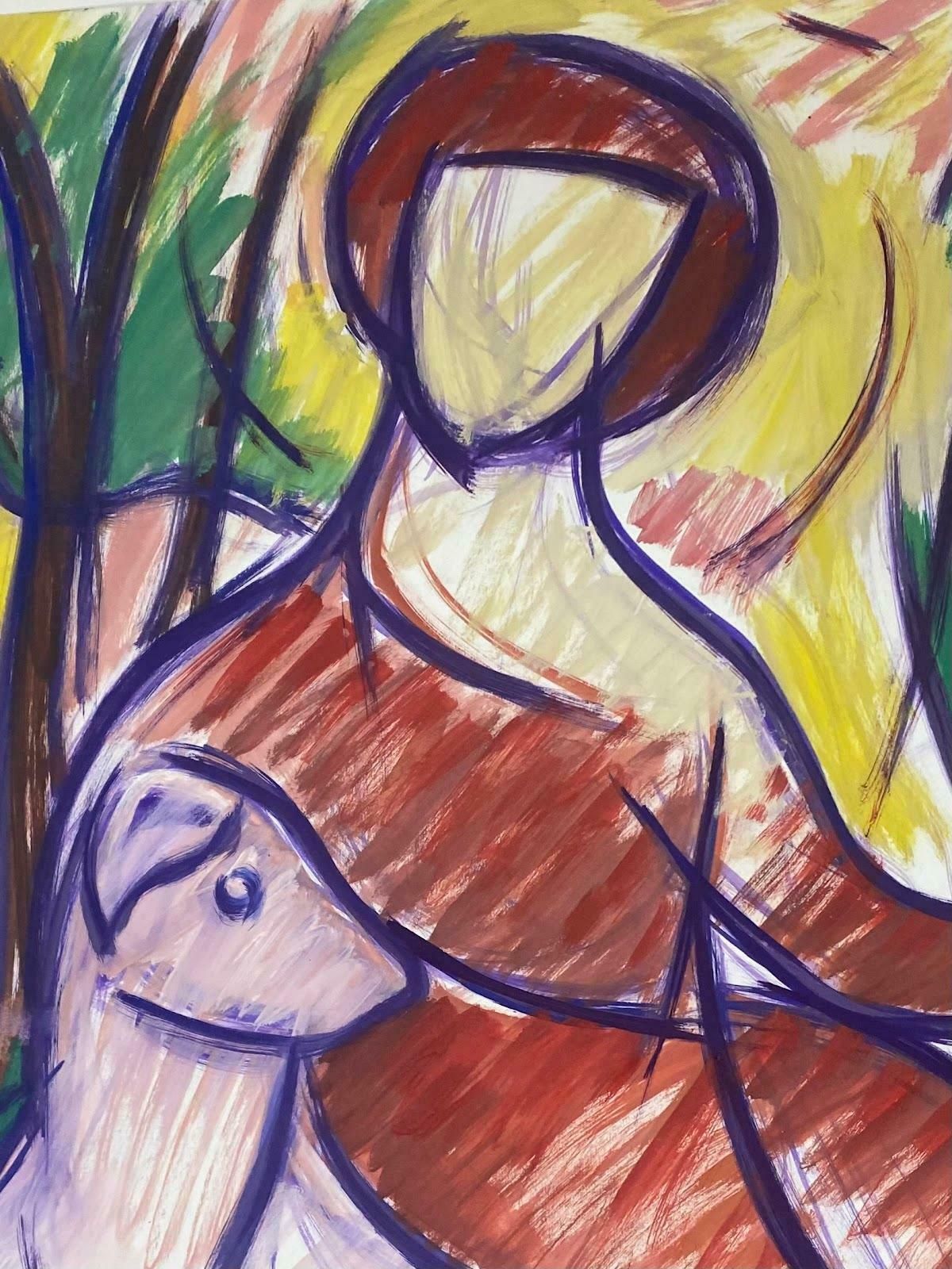 Paul Louis Bolot (French 1918 2003)20th Century French Modernist Painting Multi Color Abstract Portrait & Dogc. 1980 photo furniture