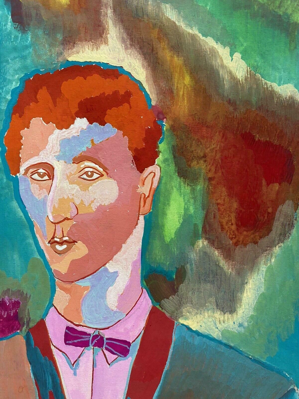 Jean Marccolorful 20th Century French Modernist Painting   Male Portrait Bow Tie Cardiganc. 2000 photo for sale