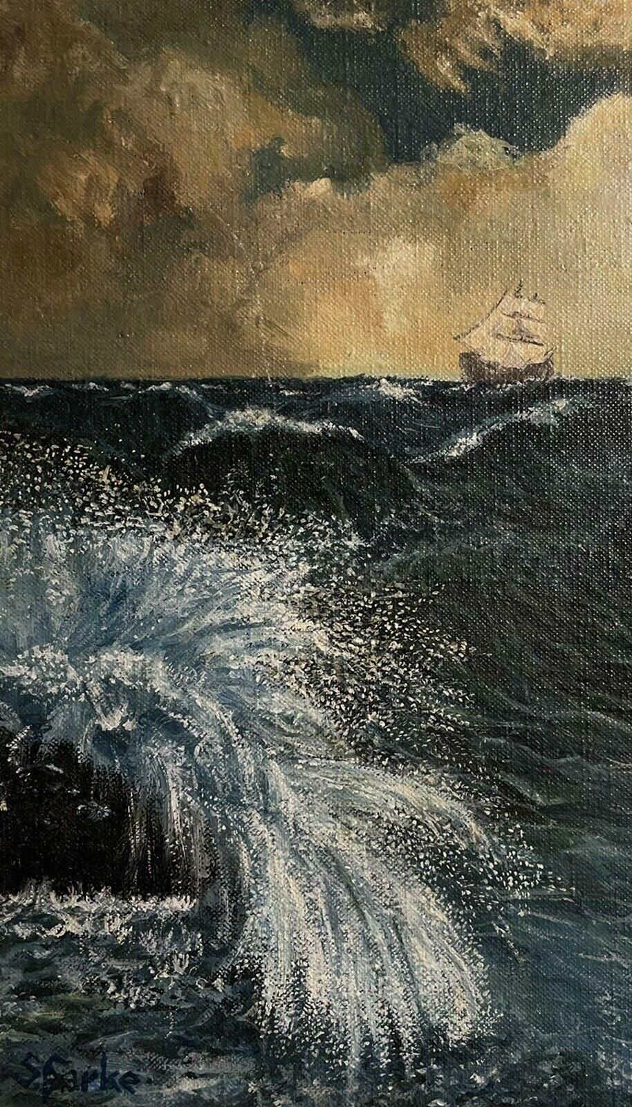 S. Sparkheaving Seas And Sailing Ship, Signed English Post Impressionist Oil Painting photo Art
