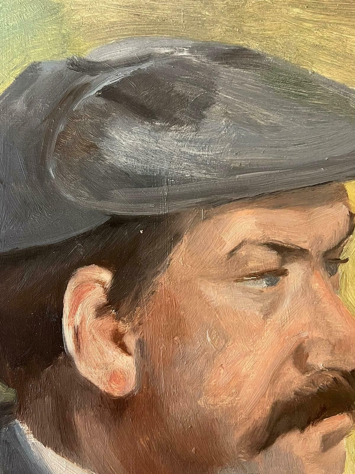 French Schoolmid 20th Century French Painting Portrait Of Man With Moustache In Flat Cap photo furniture