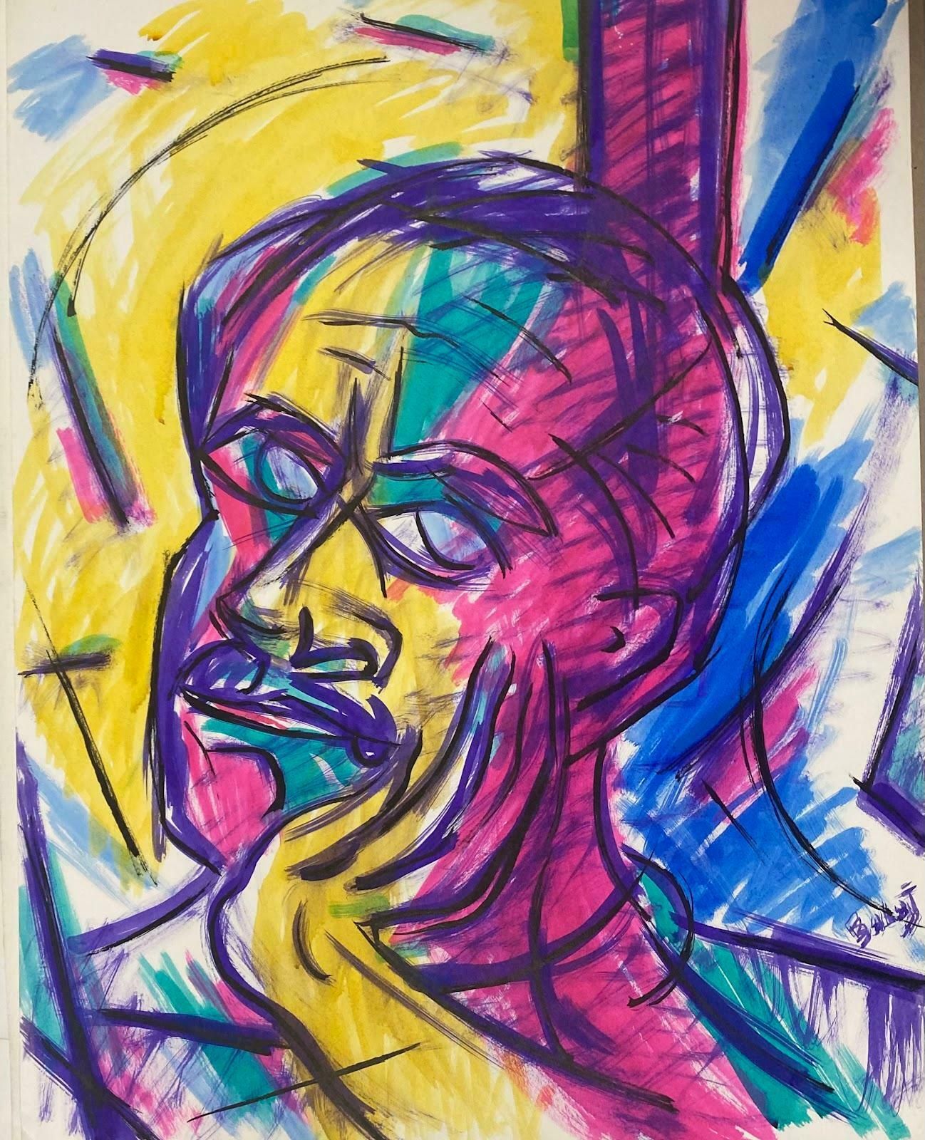 Unknown20th Century French Modernist Gouache Painting Pink And Purple Portrait C. 1970 photo furniture