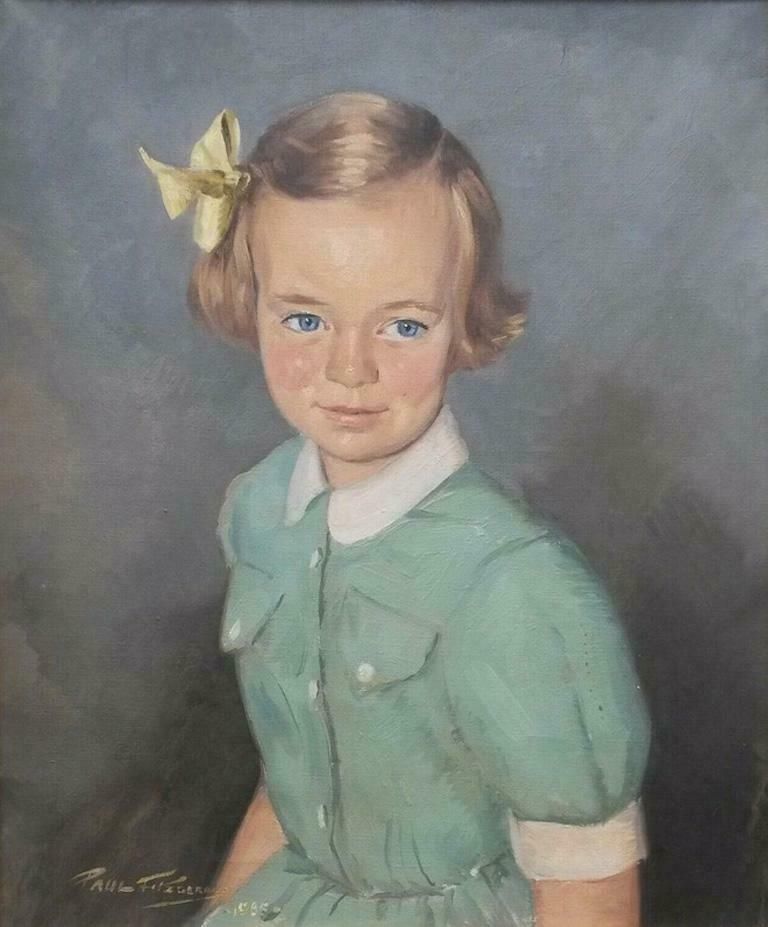 Paul Fitzgerald20th Century Portrait Oil Painting Of Young Girl In Green Dressc. 1995
