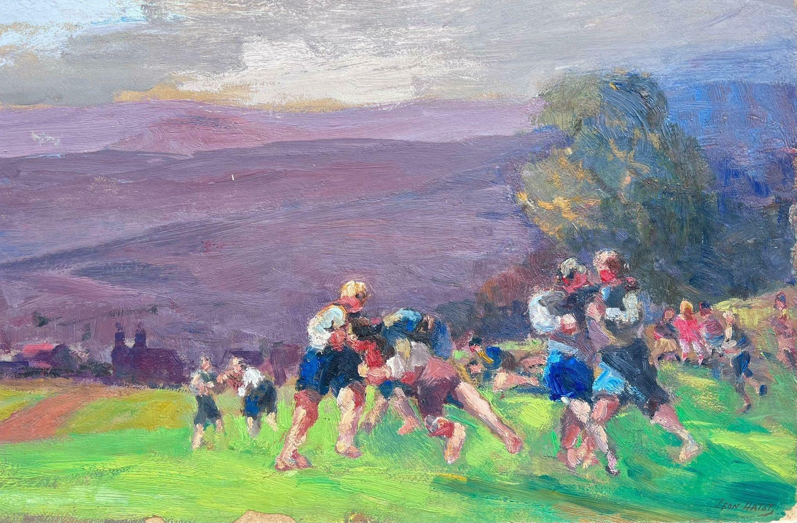 Leon Hatotvintage French Oil Painting Figures Playing Rugby In Vibrant Green Field
