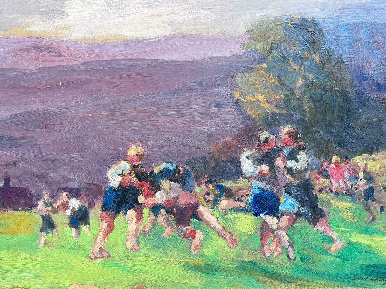 Leon Hatotvintage French Oil Painting Figures Playing Rugby In Vibrant Green Field photo furniture