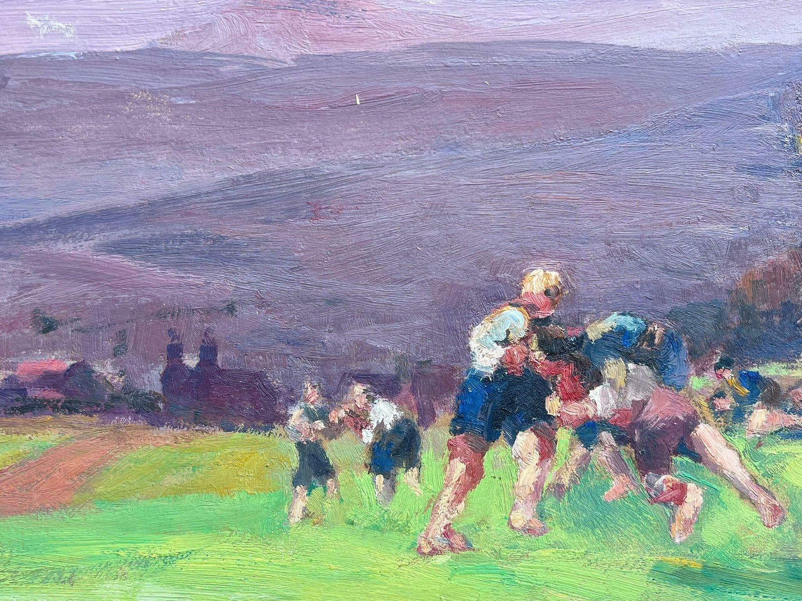 Leon Hatotvintage French Oil Painting Figures Playing Rugby In Vibrant Green Field photo 914.0