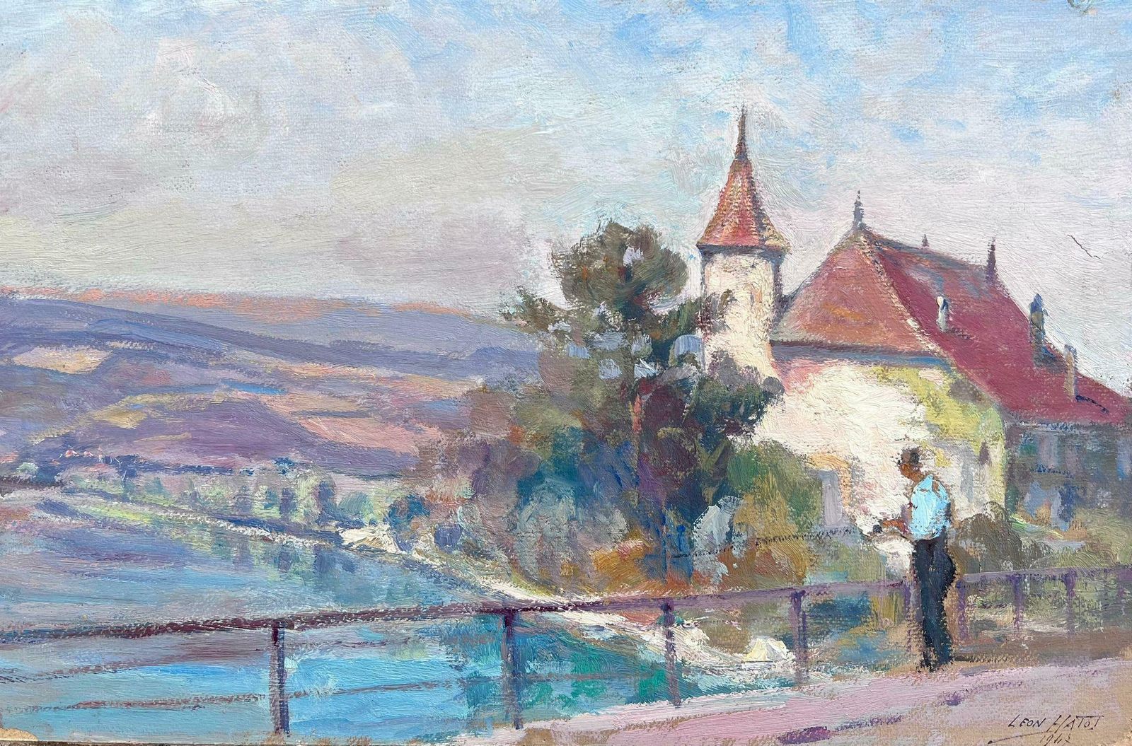 Leon Hatotvintage French Oil Painting Man Fishing Over Bridge Into Clear Blue River