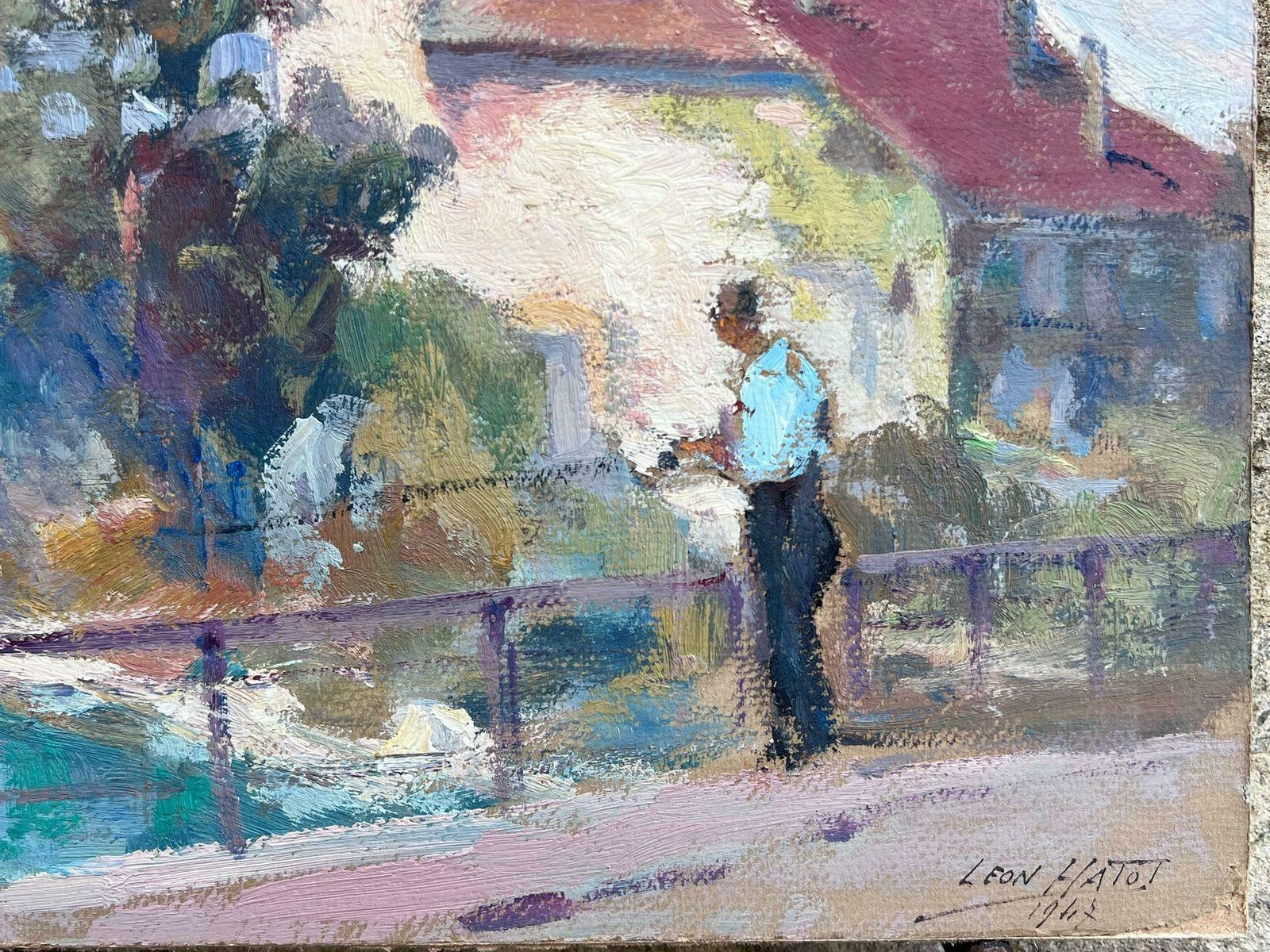 Leon Hatotvintage French Oil Painting Man Fishing Over Bridge Into Clear Blue River photo for sale