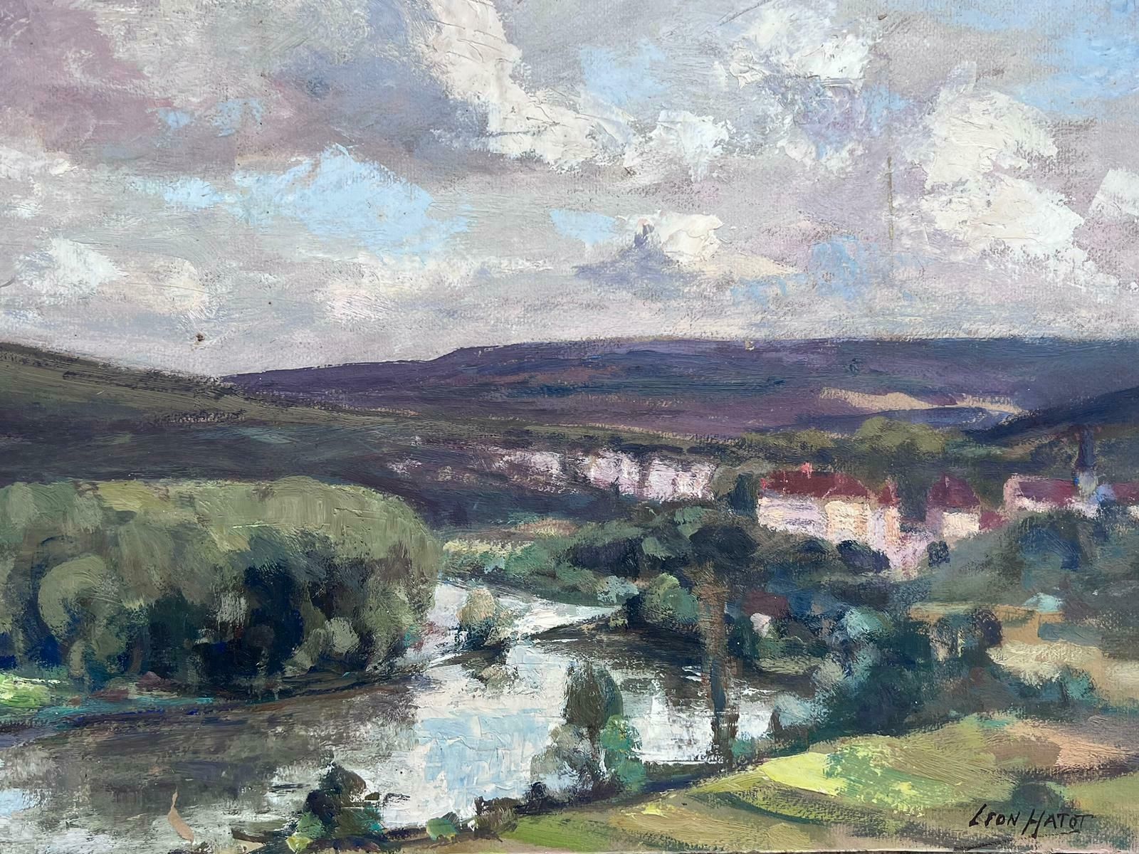 Leon Hatotvintage French Oil Painting Wide Landscape Of Lake Flowing Along The Town photo furniture