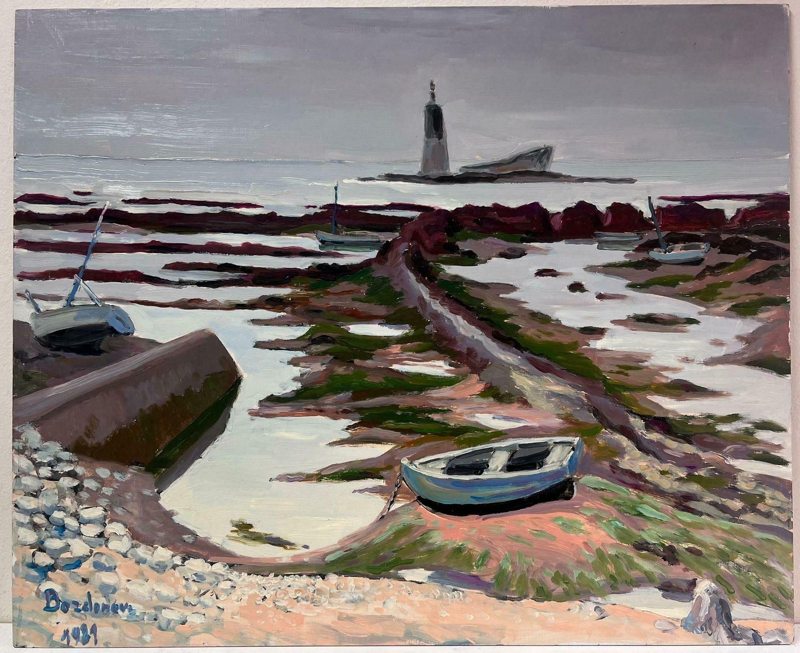 Georges Bordonovecontemporary French Impressionist Oil Boat In Stone Beach Bay Landscape photo furniture