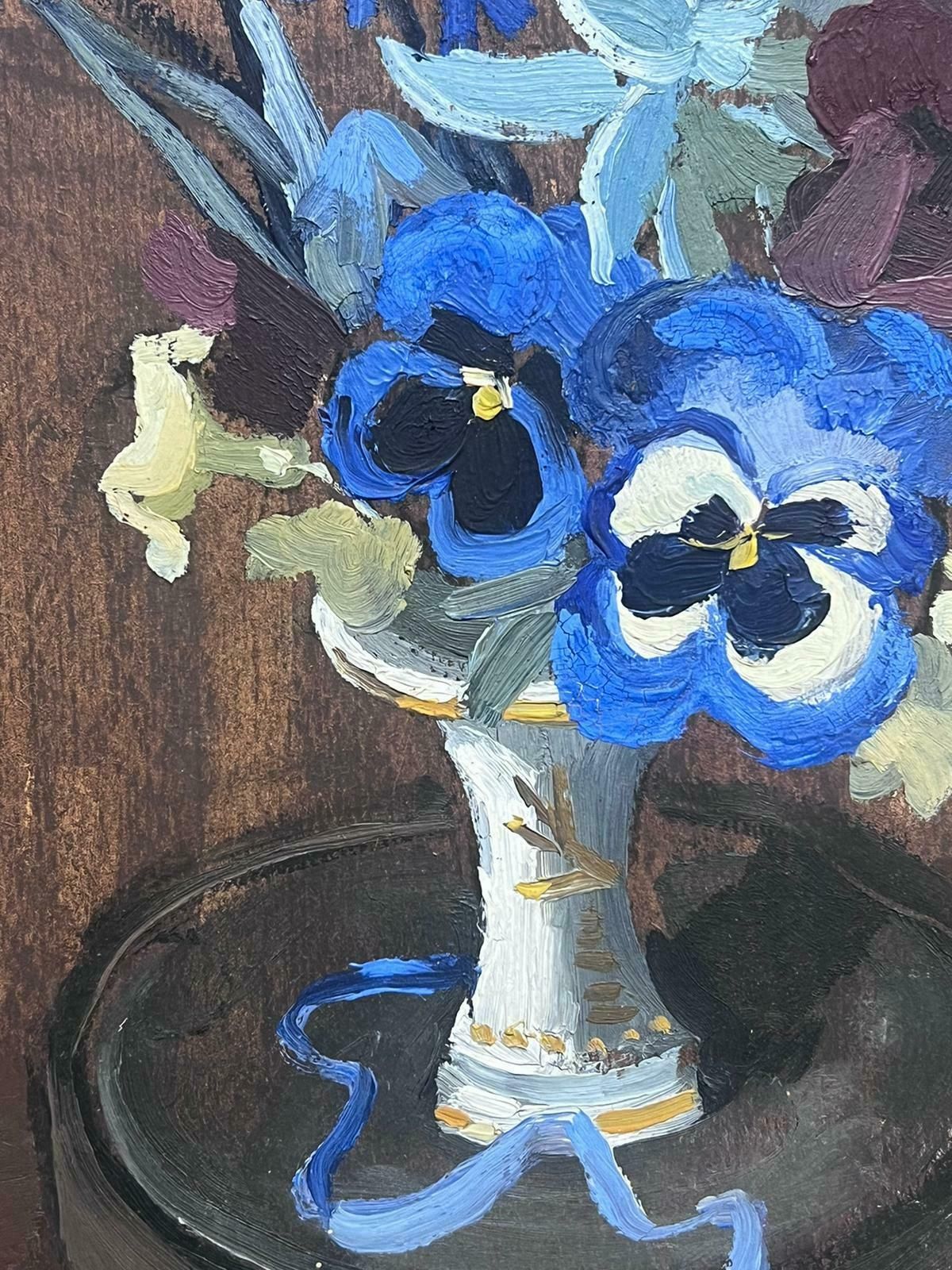 Y Blanchon1950's French Impressionist Painting Blue Flowers In Vase1950's photo Art