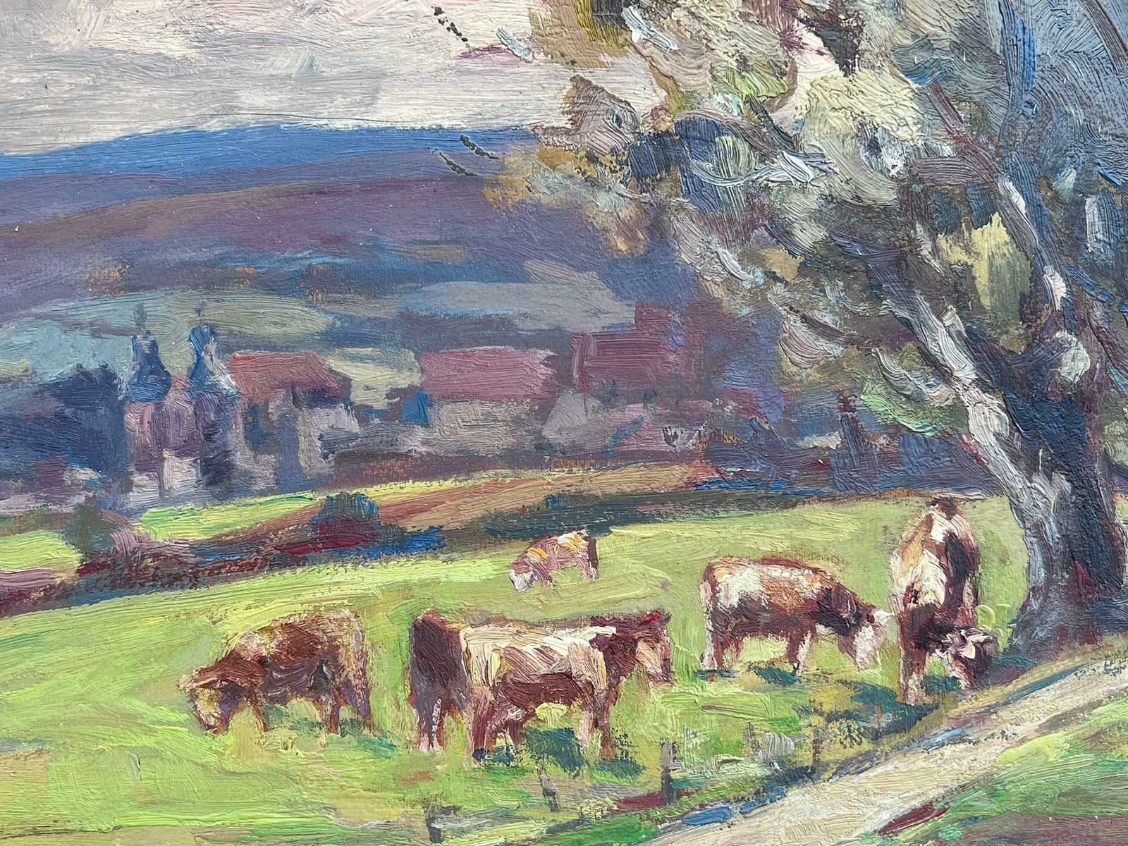 Leon Hatotvintage French Oil Painting Cows Munching On Grass Under Windswept Tree photo for sale