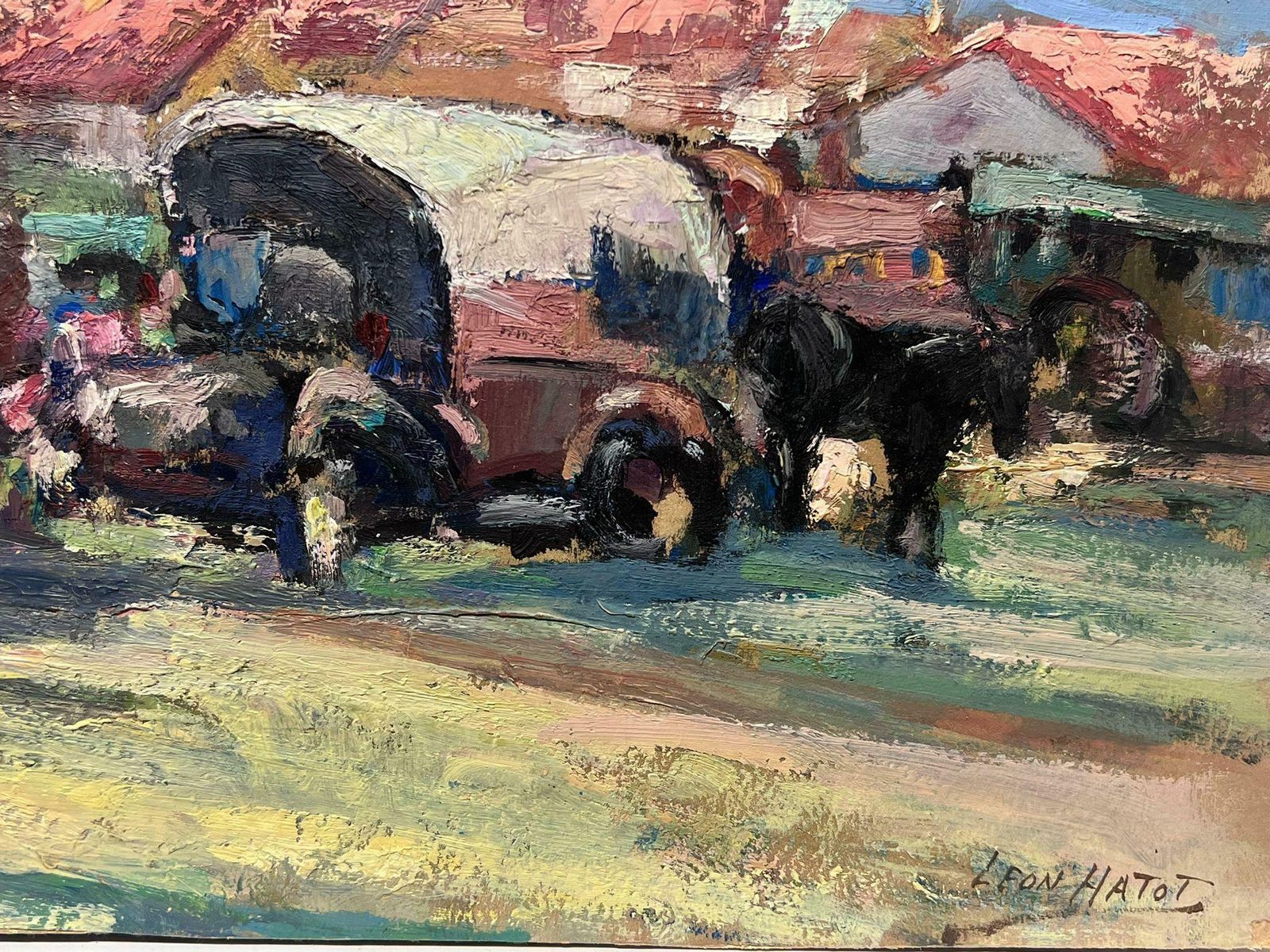 Leon Hatot1930's French Impressionist Signed Oil Figures Crowded Market Summer Skies photo furniture