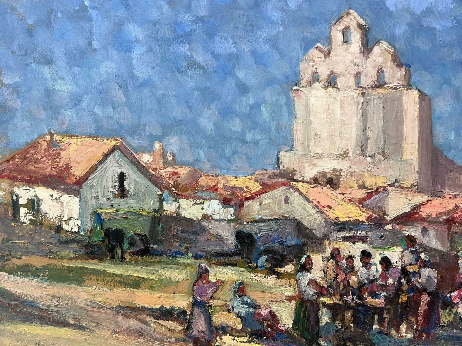 Leon Hatot1930's French Impressionist Signed Oil Figures Crowded Market Summer Skies photo for sale