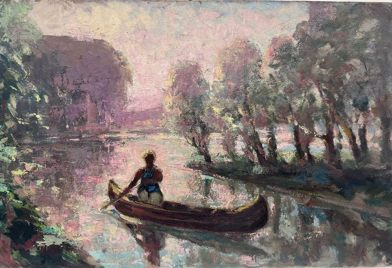 Leon Hatotantique French Impressionist Oil Painting Lady Rowing In Pink Dappled Lake