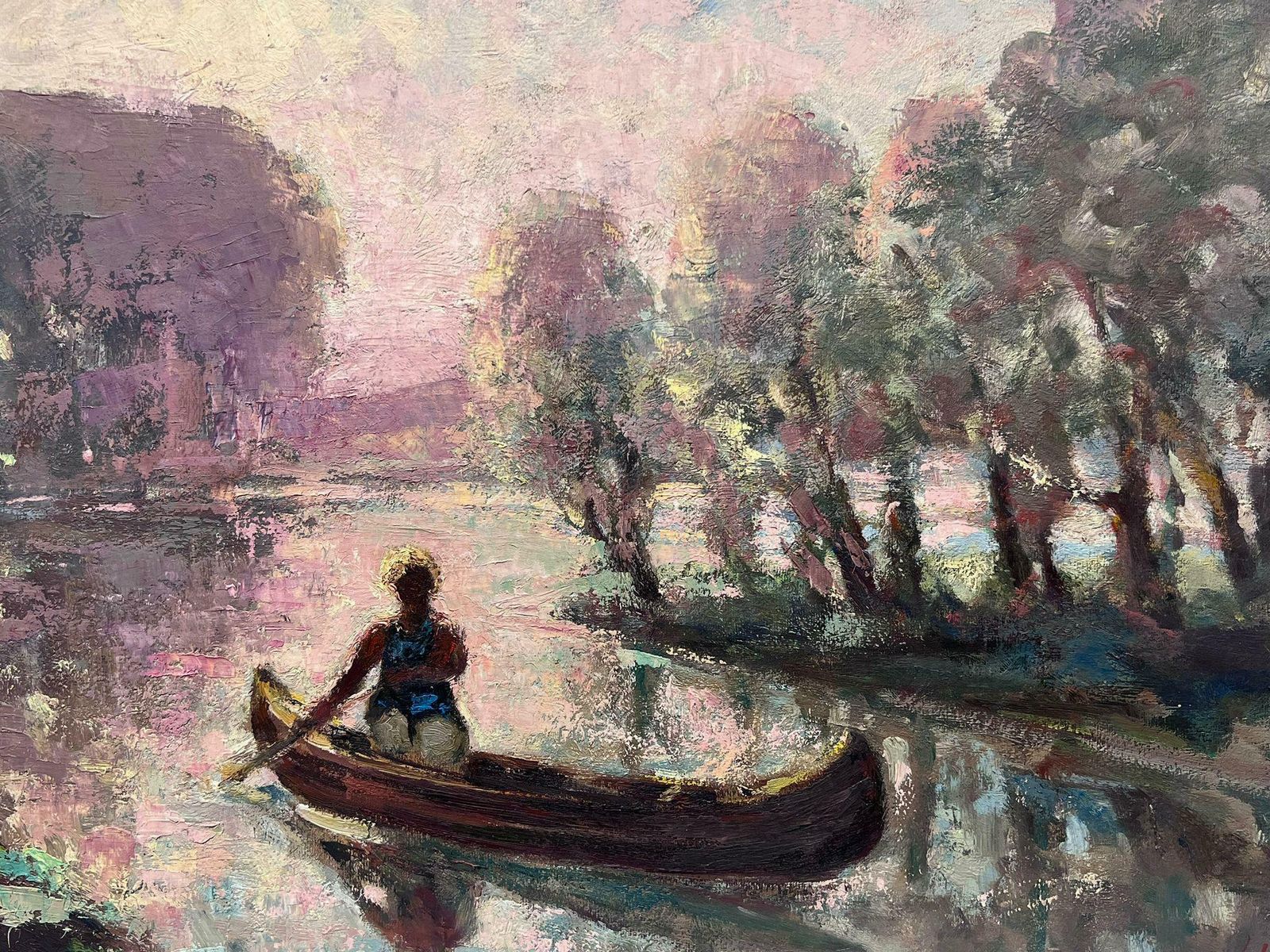 Leon Hatotantique French Impressionist Oil Painting Lady Rowing In Pink Dappled Lake photo furniture