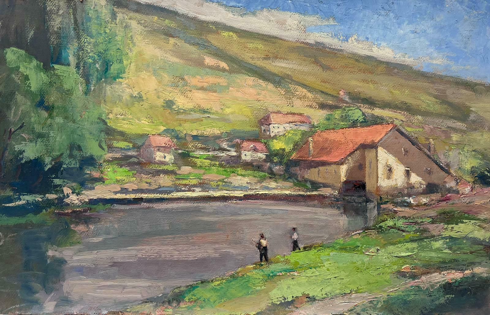 Leon Hatotvintage French Oil Painting Of Two People Fishing In Grey Summer Day Lake