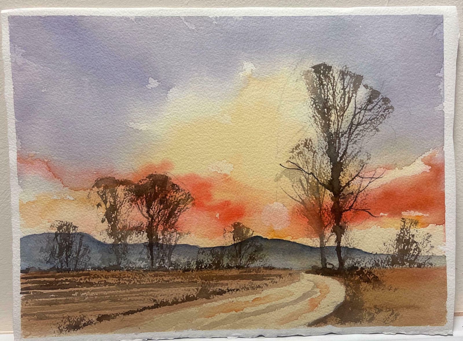 Anthony Averybritish Original Impressionist Watercolor Orange Sunrise Over The Country Track photo furniture