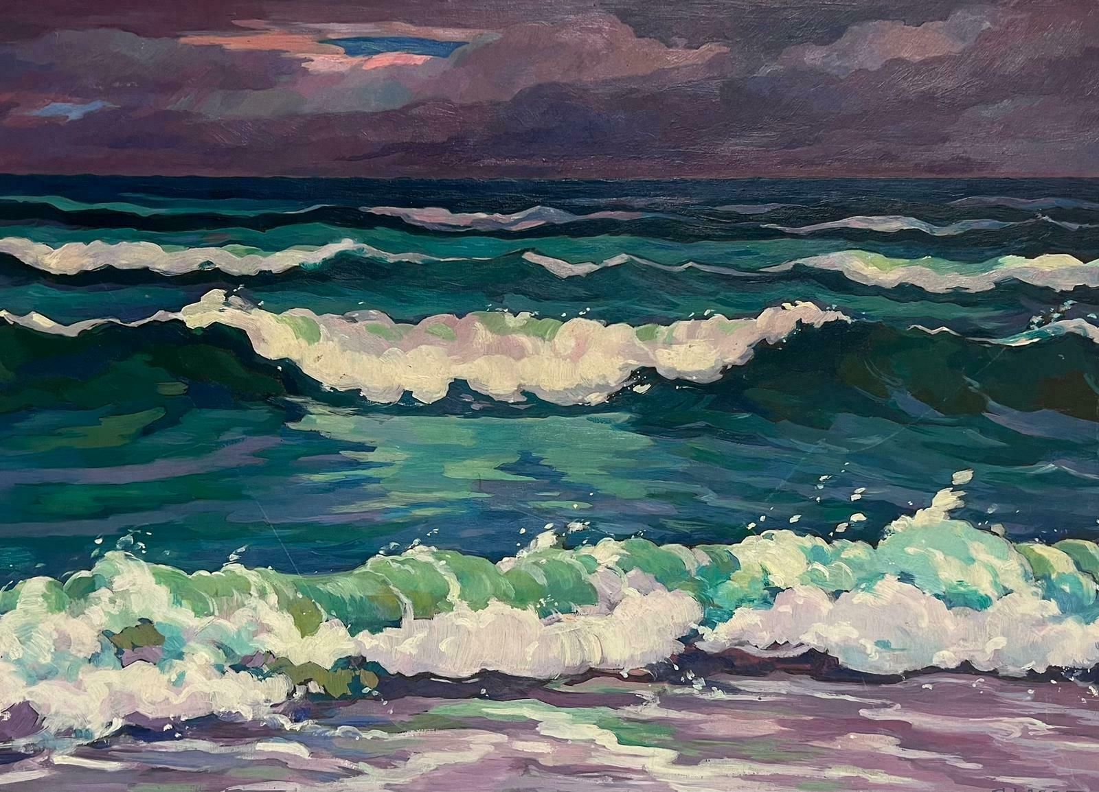Louis Eugene Glasser20th Century French Modernist Signed Oil Rolling Waves At Sea Turquoise & Purple