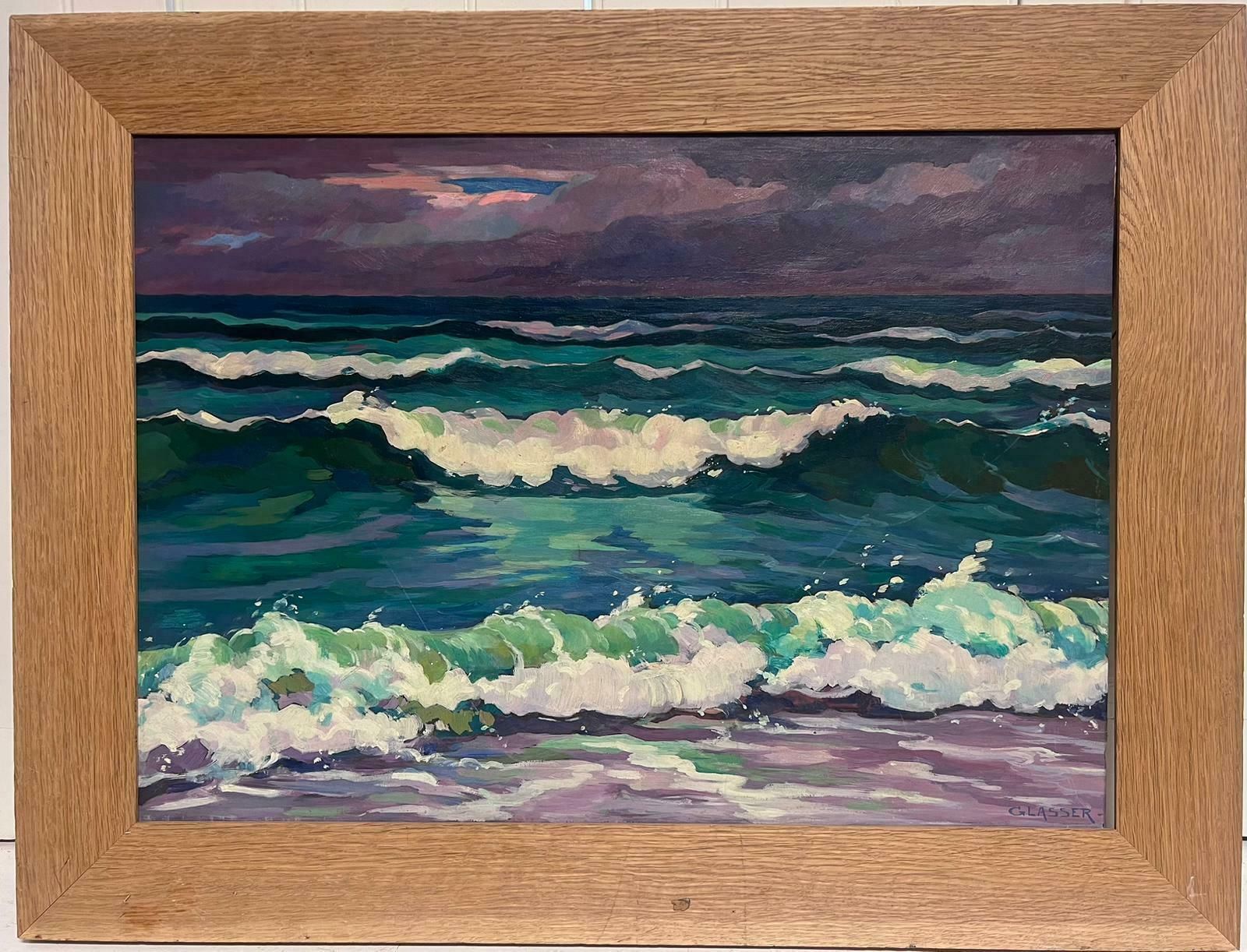 Louis Eugene Glasser20th Century French Modernist Signed Oil Rolling Waves At Sea Turquoise & Purple photo furniture