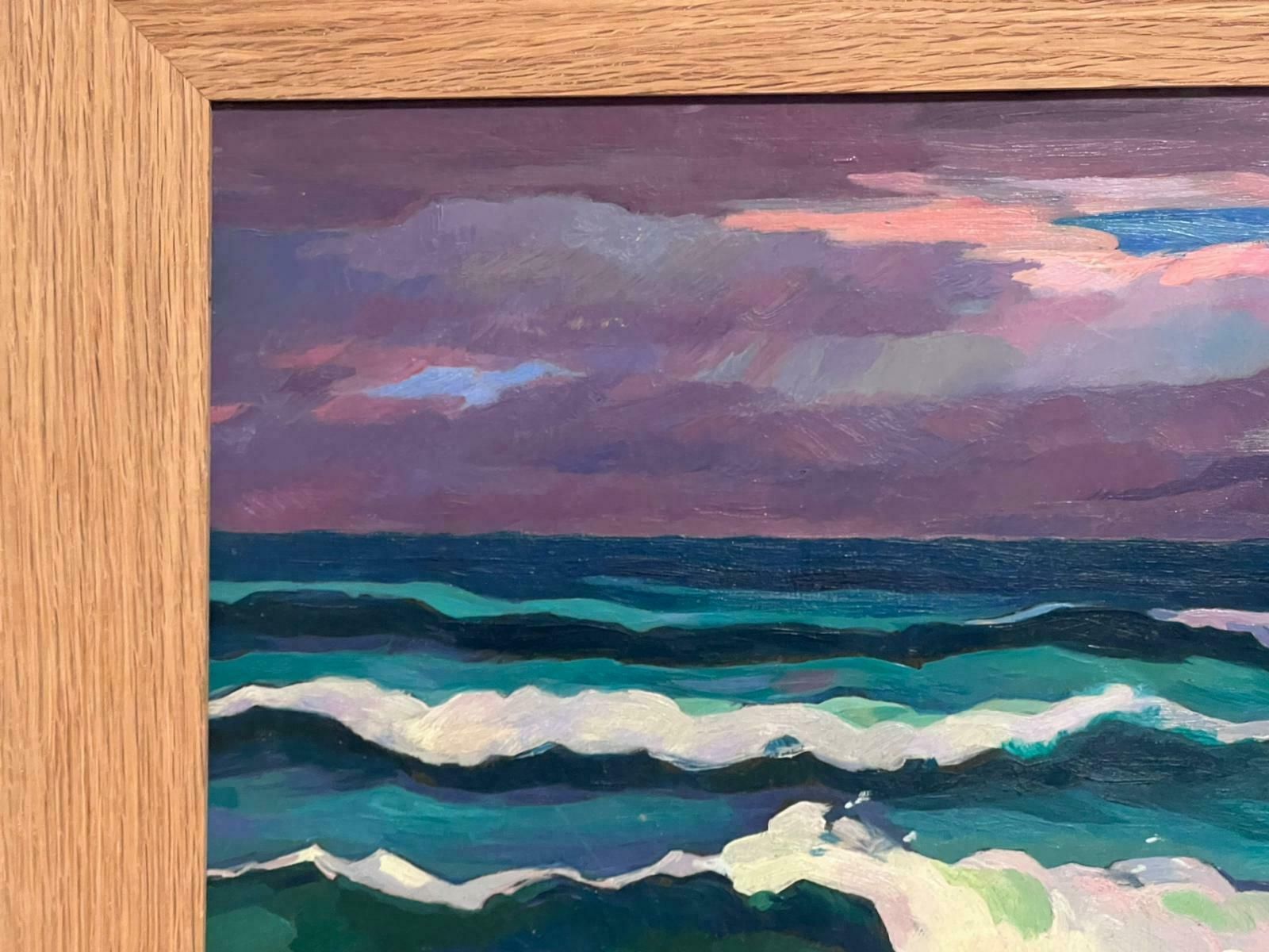 Louis Eugene Glasser20th Century French Modernist Signed Oil Rolling Waves At Sea Turquoise & Purple photo for sale