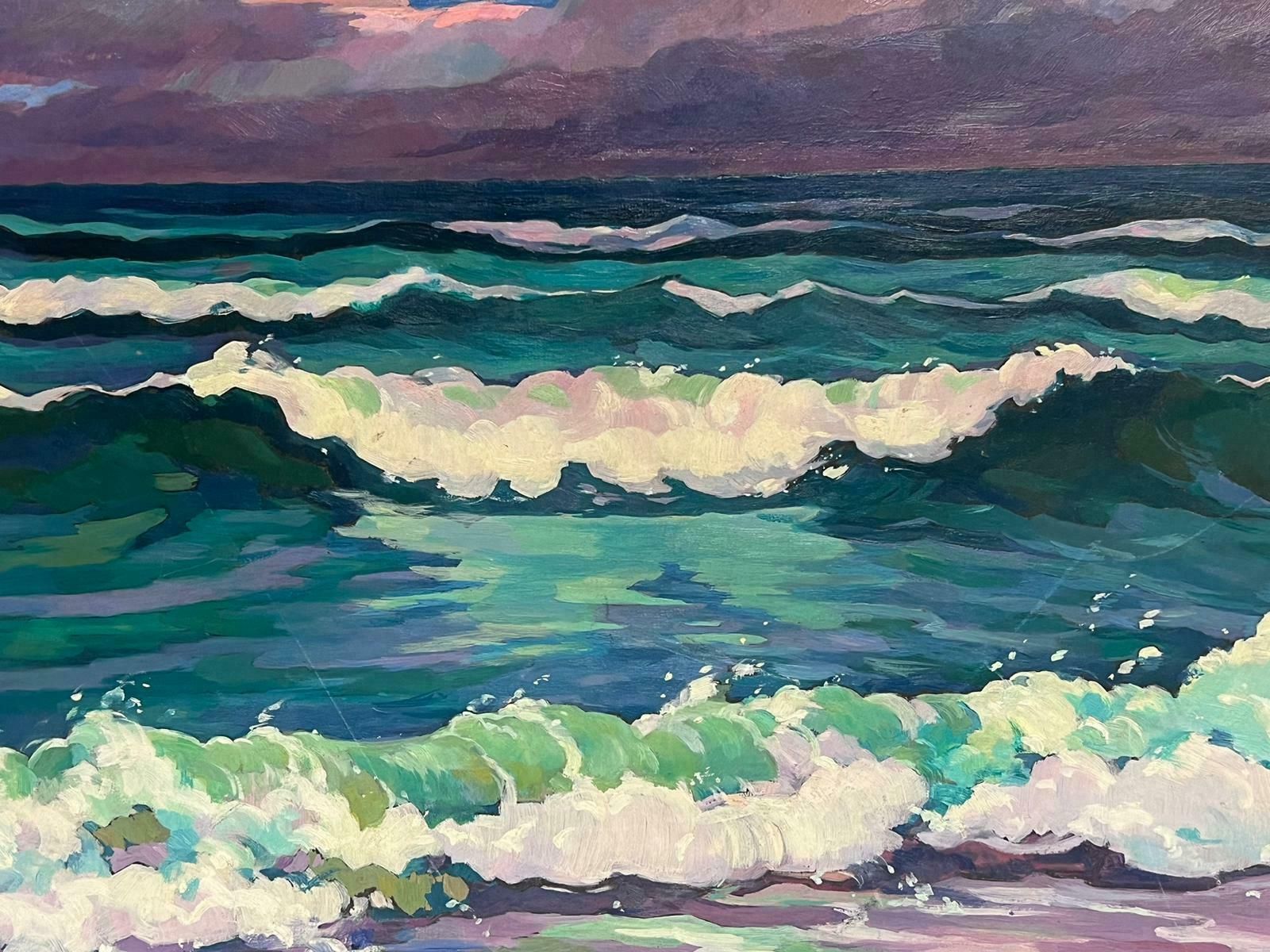 Louis Eugene Glasser20th Century French Modernist Signed Oil Rolling Waves At Sea Turquoise & Purple photo vinterior