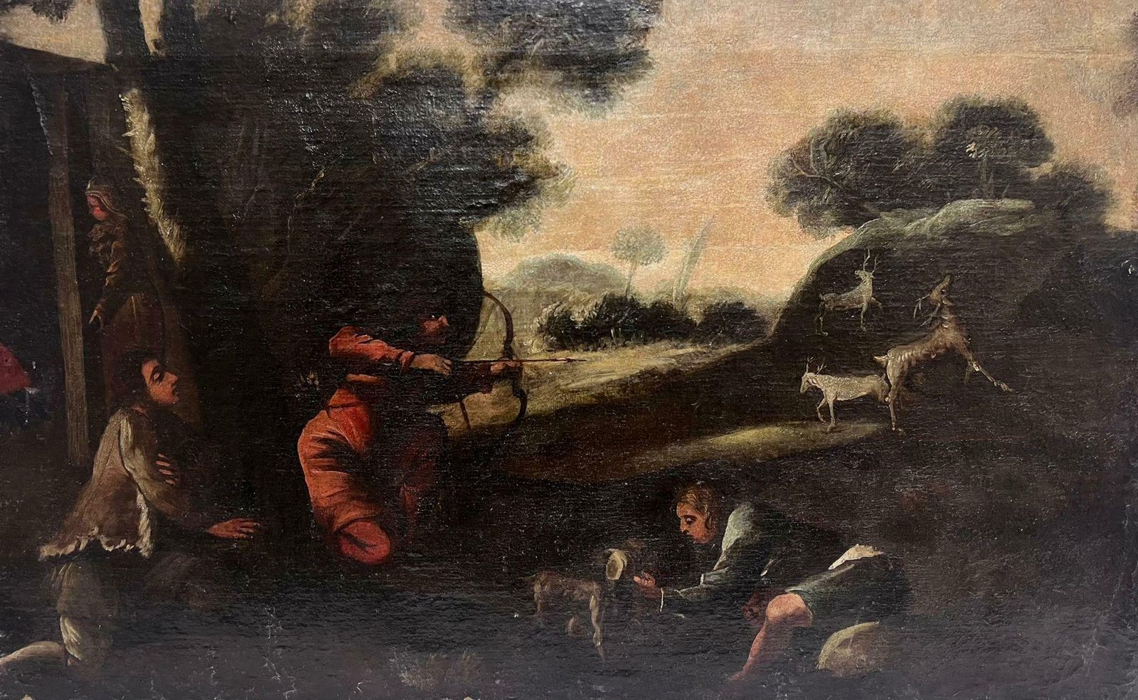 17th Century Baroque Old Master Oil Painting Stag Hunting Party In Landscape