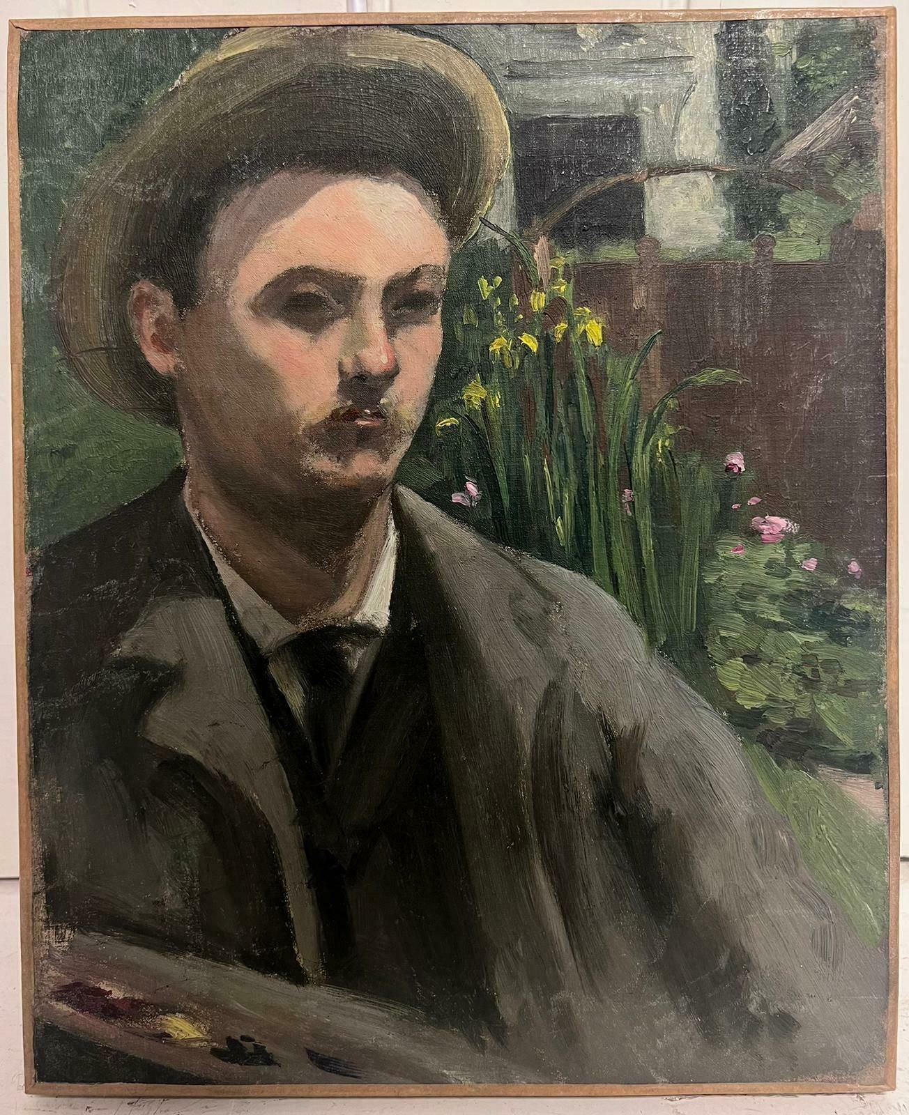French School19th Century French Impressionist Self Portrait Artist With Palette Oil Sketch photo furniture