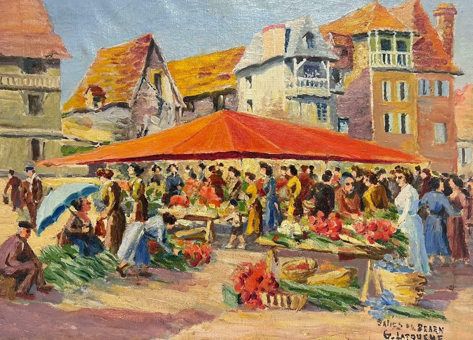 French School1950's French Signed Oil Busy Fruit & Veg Market Town Square With Figures