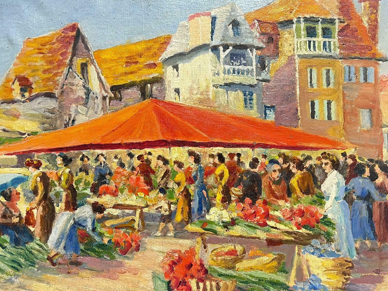 French School1950's French Signed Oil Busy Fruit & Veg Market Town Square With Figures photo 689.0