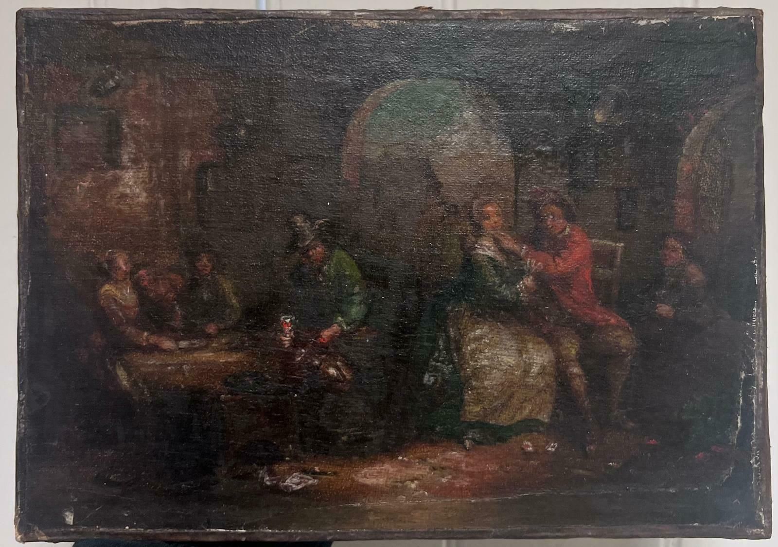 French School18th Century French Oil Painting Tavern Scene Interior Merry Making Figures photo furniture